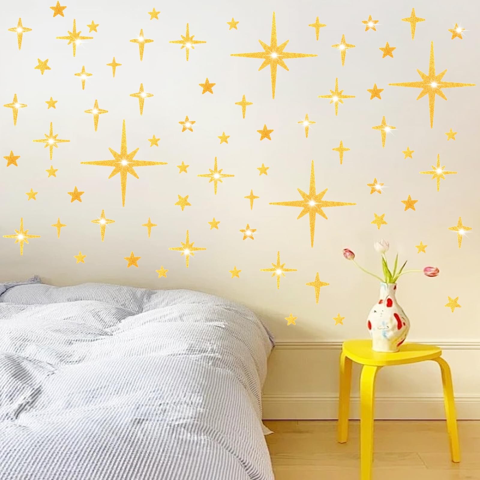 AOWDIAO Glitter Gold Star Peel and Stick Wall Decals – 120 Pcs, Assorted Shap…