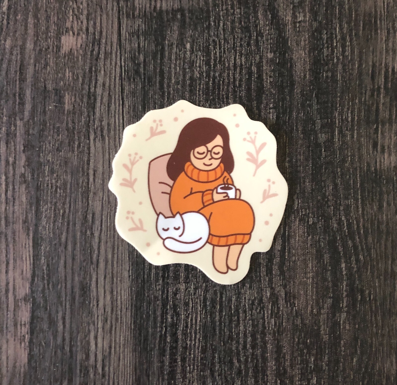 Girl Drinking Coffee Sticker, thermos sticker, laptop sticker, vinyl decal, cat