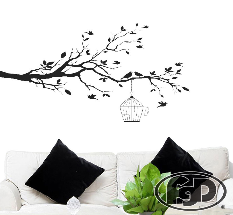 FGD Whimsical Bird Cage & Tree Silhouette Vinyl Wall Decal 20" x 38"