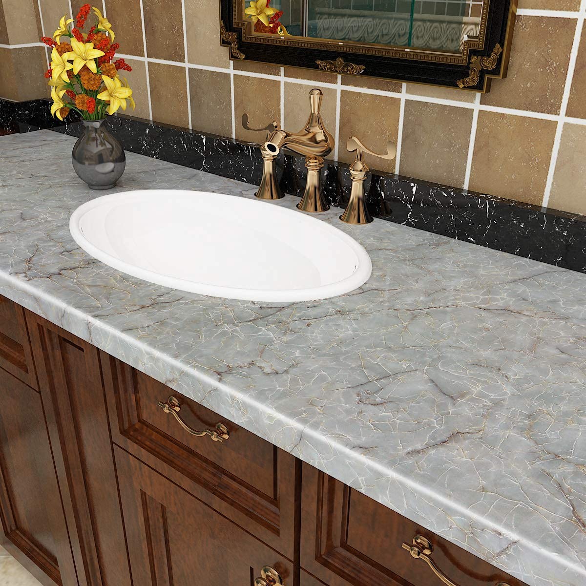 36 Inch Wide Marble Contact Paper for Countertops Waterproof Glossy Light Gre…