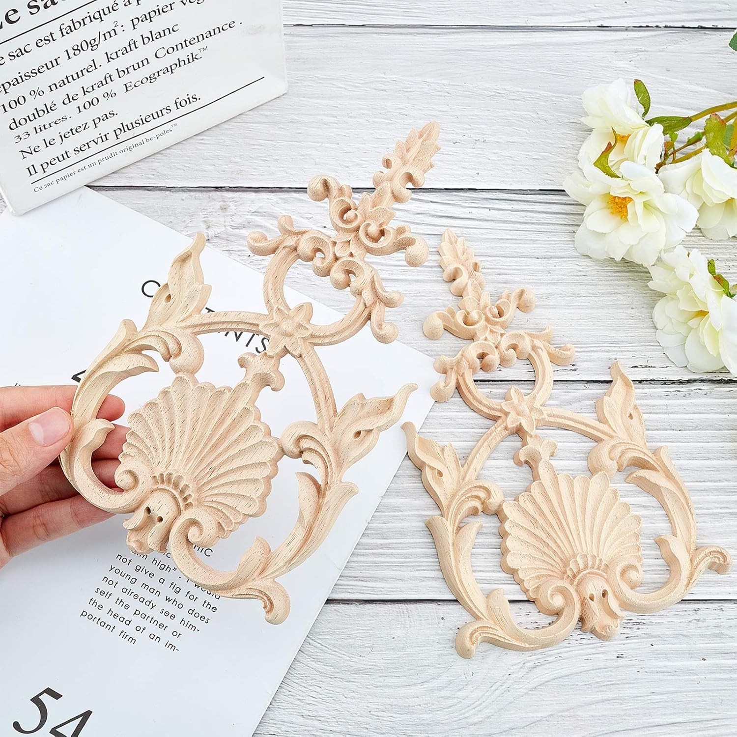 2PCS Carved Wood Appliques Onlays Wooden Decal Corner Frame 7.5×4.6inch Unpai
