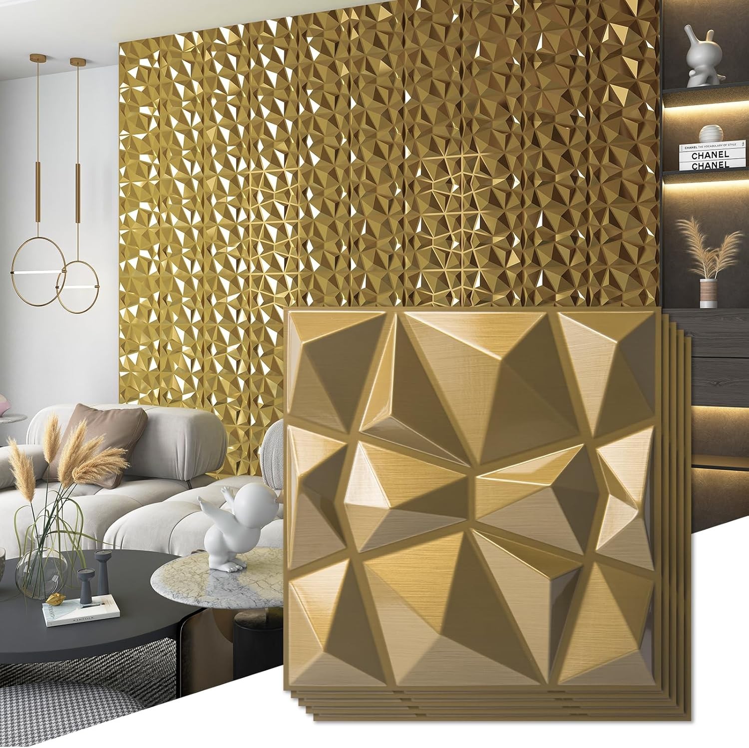 Decorative 3D Wall Panels in Diamond Design, 12"X12" Matt Black for Home and Off