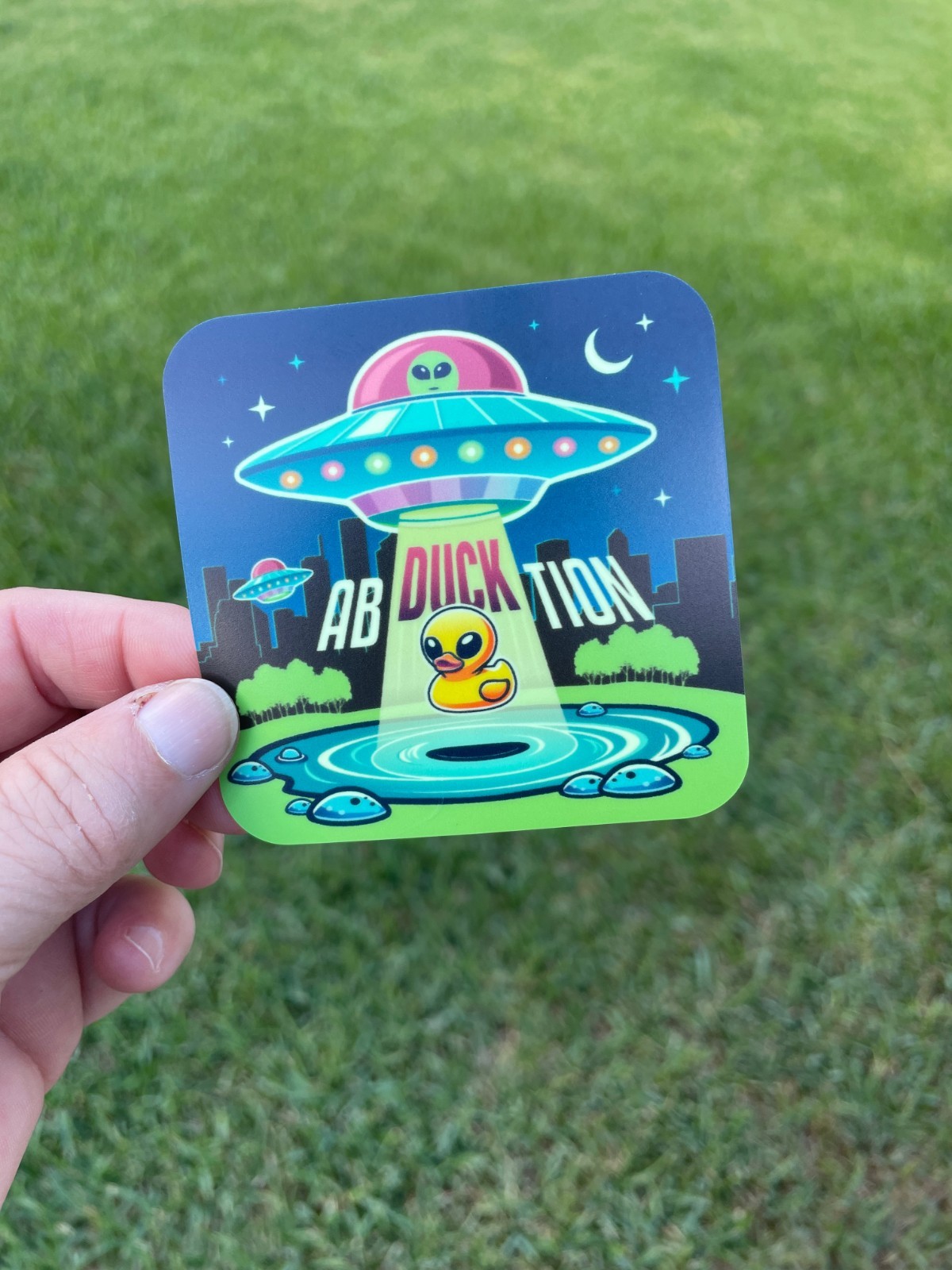 2 Alien Ab-duck-tion Stickers! Extra Terrestrial Glow in the Dark! Vinyl Decal