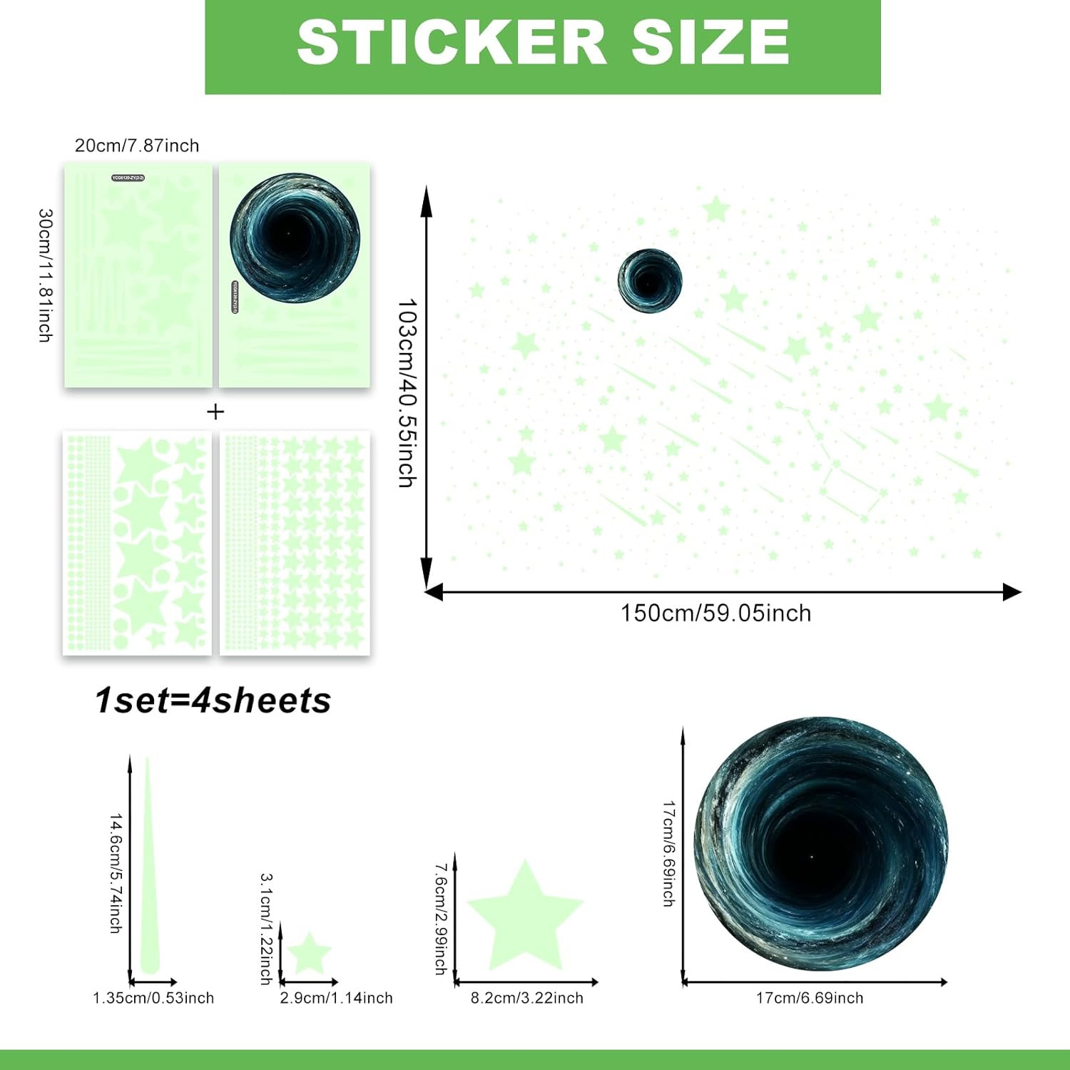 Glow in the Dark Star Space Wall Decals, 4 Sheets, Removable Peel and Stick Deco
