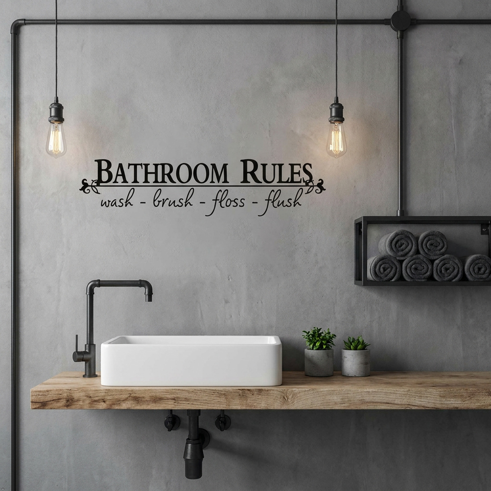 Bathroom Rules Wash Brush Floss Flush Quote Saying Wall Sticker Home Decal Decor