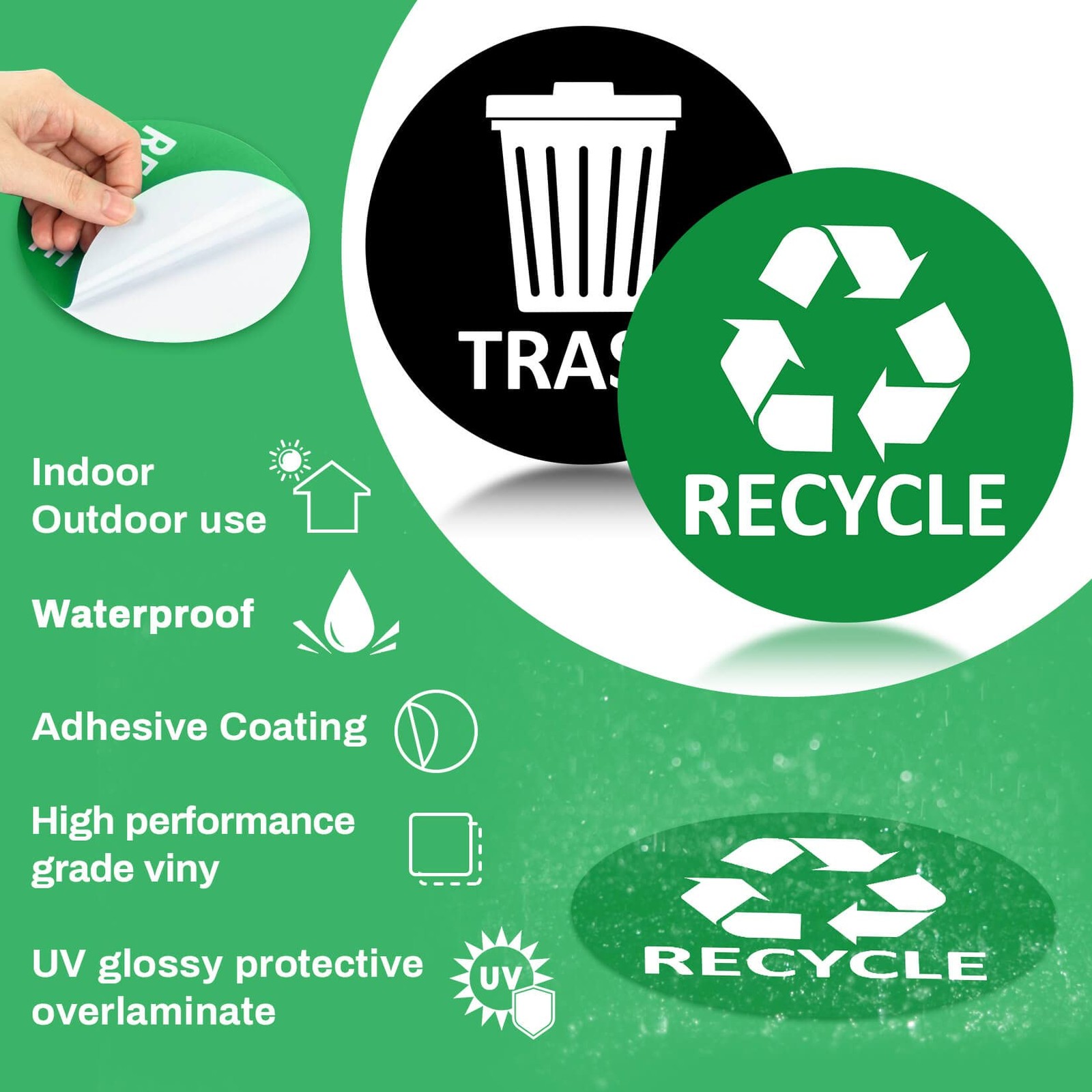 Vinyl Trash Stickers Set, 3 Pcs Recycling Signs, Home Hotel Necessity, Black