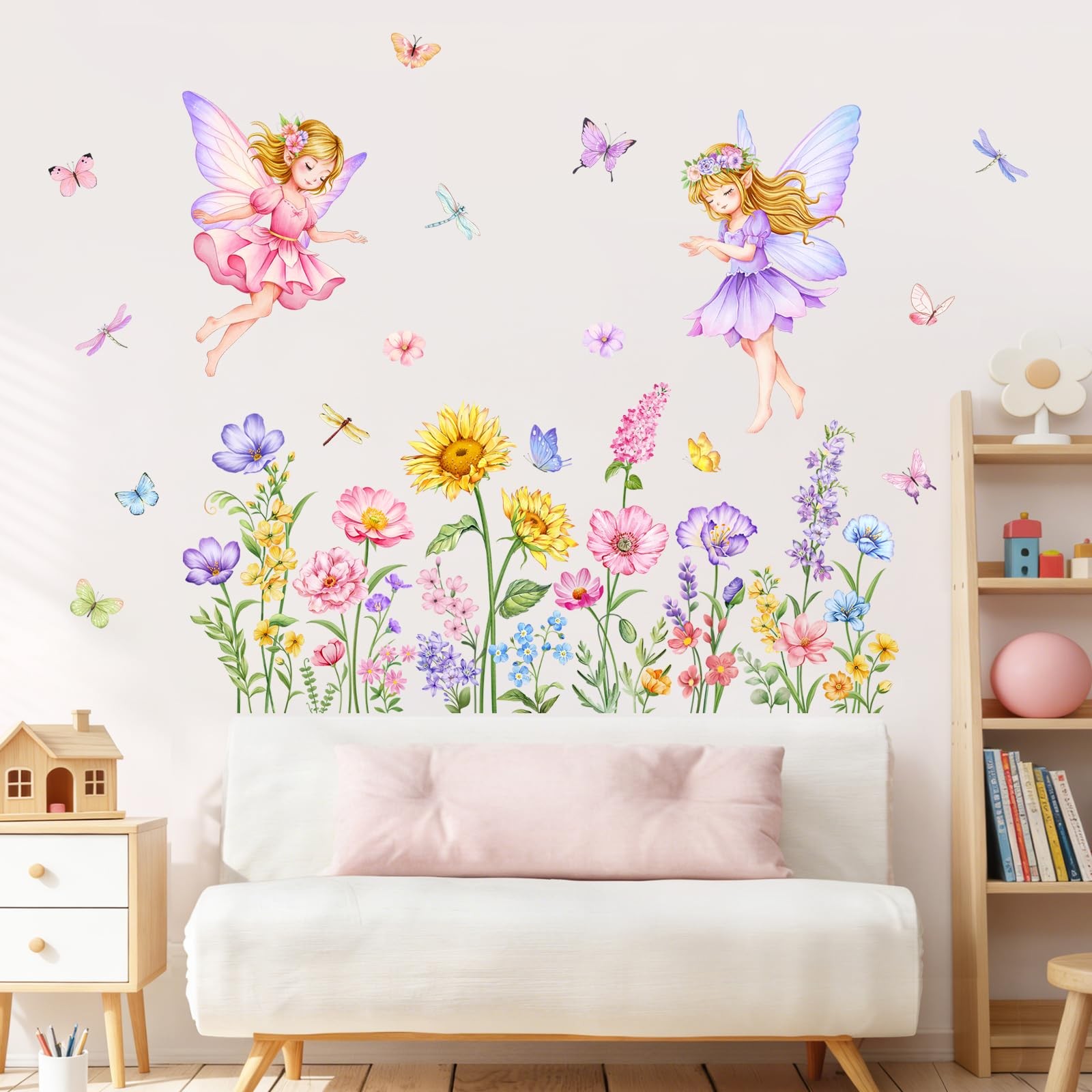Flower Fairy Wall Decals Flying Elves Garden Floral Butterflies Wall Art Stic…