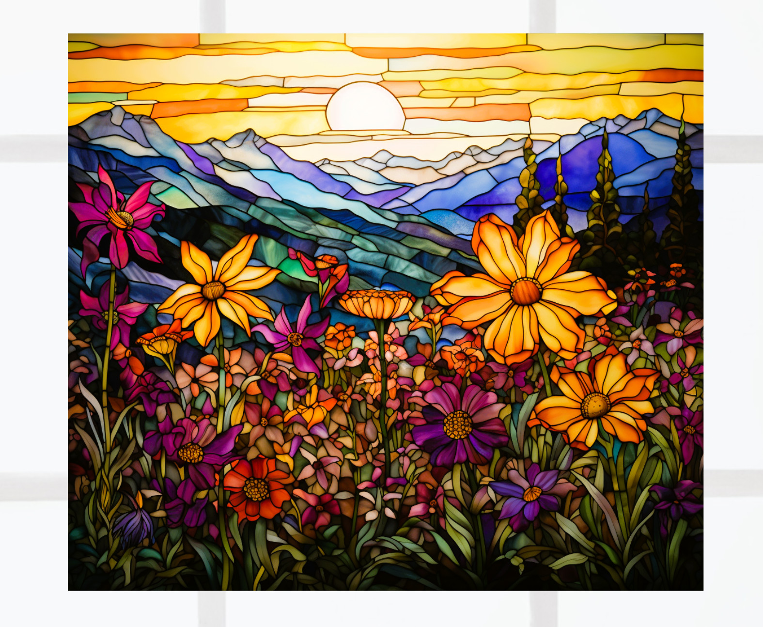 Wildflowers, Mountains & Sunset Faux Stained-Glass WINDOW CLING Size 9.1" Vinyl