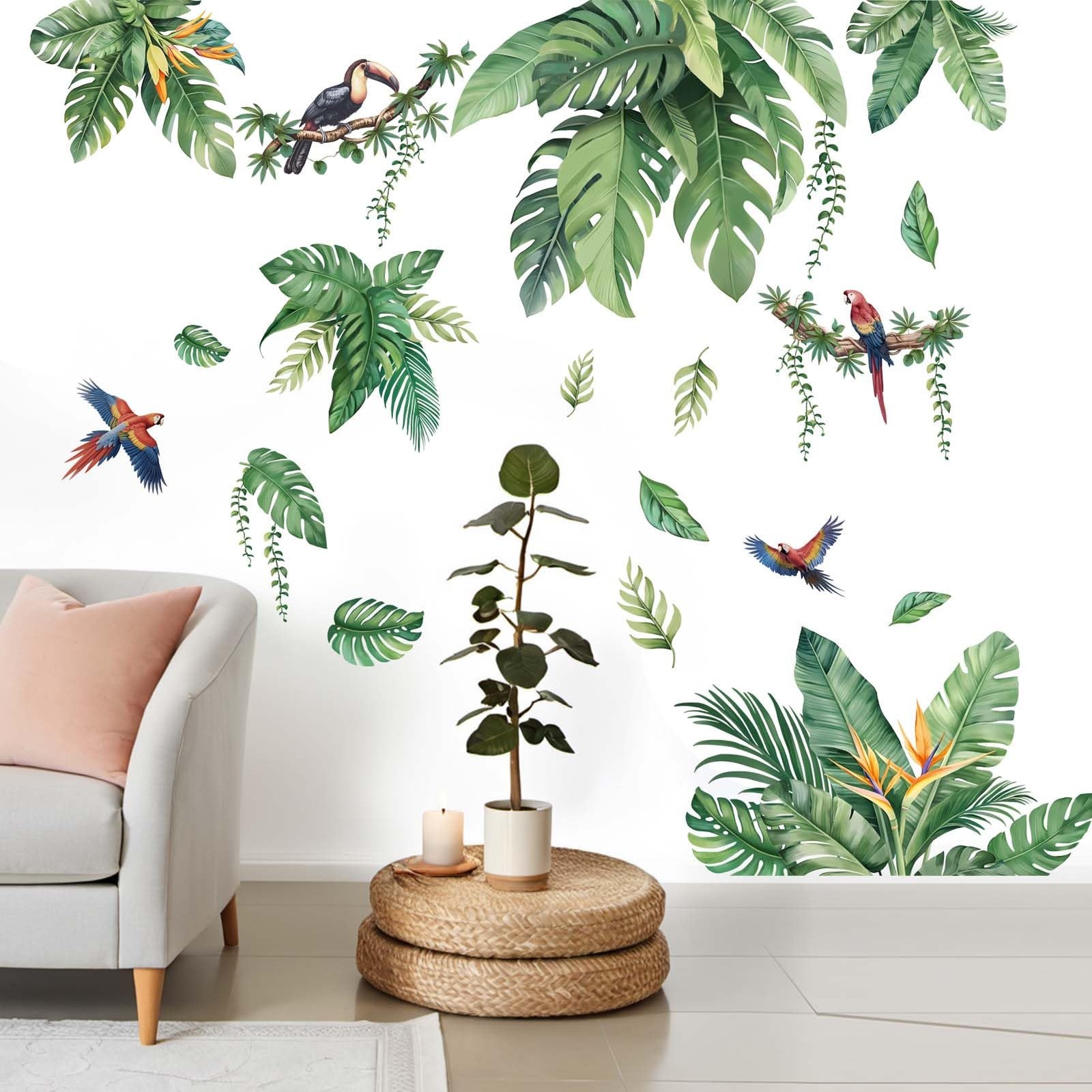 Leaves Wall Stickers for Living Room: Peel and Stick Tropical Plant Green Han…