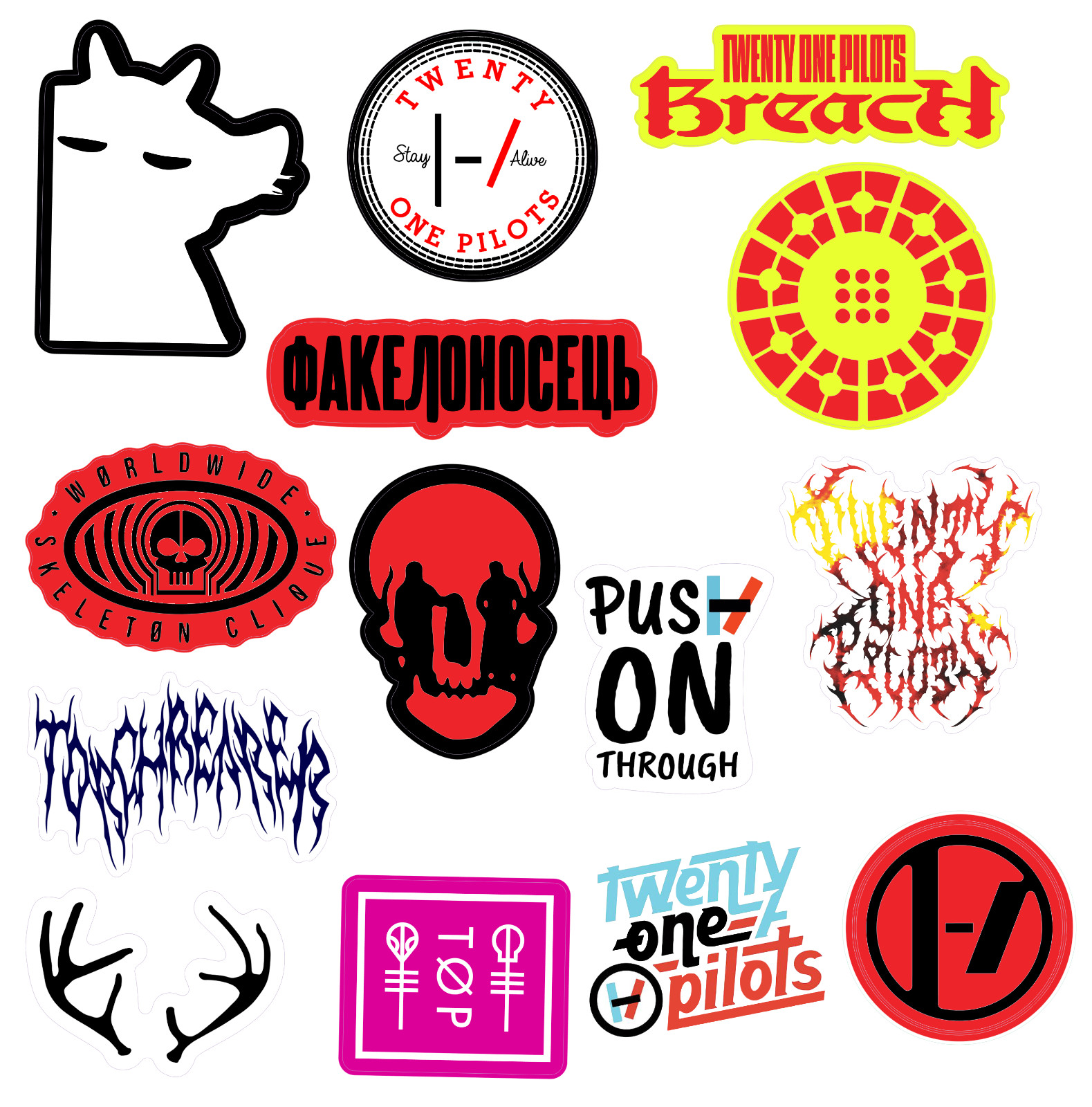 Twenty One Pilots sticker sets, Water Resistant, easy peel, 2-3", 12 Sets