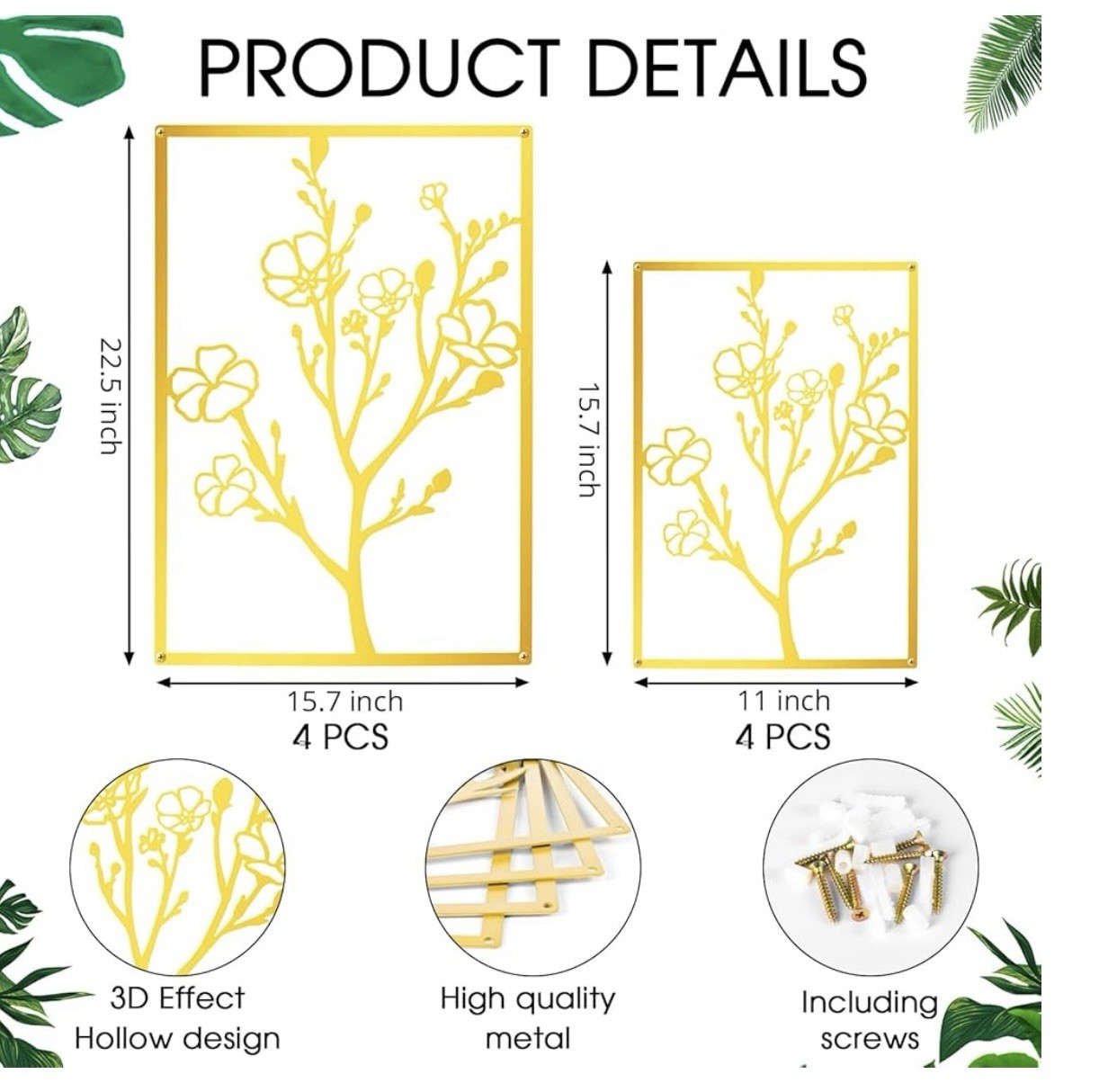 ZNZAPO 4 Pcs Large Gold Metal Flower Wall Art, (15.7 × 22.5”)