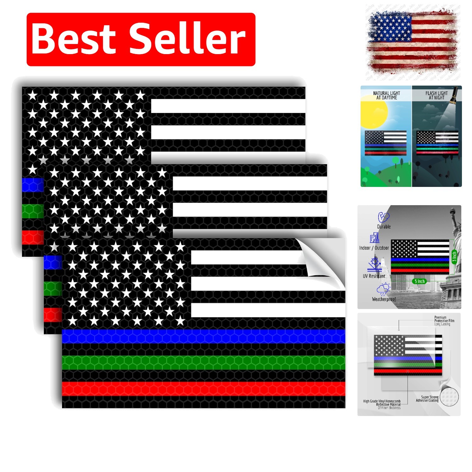 3PC Reflective Thin Line American Flag Sticker – 5×3 Inches – Blue Green and …
