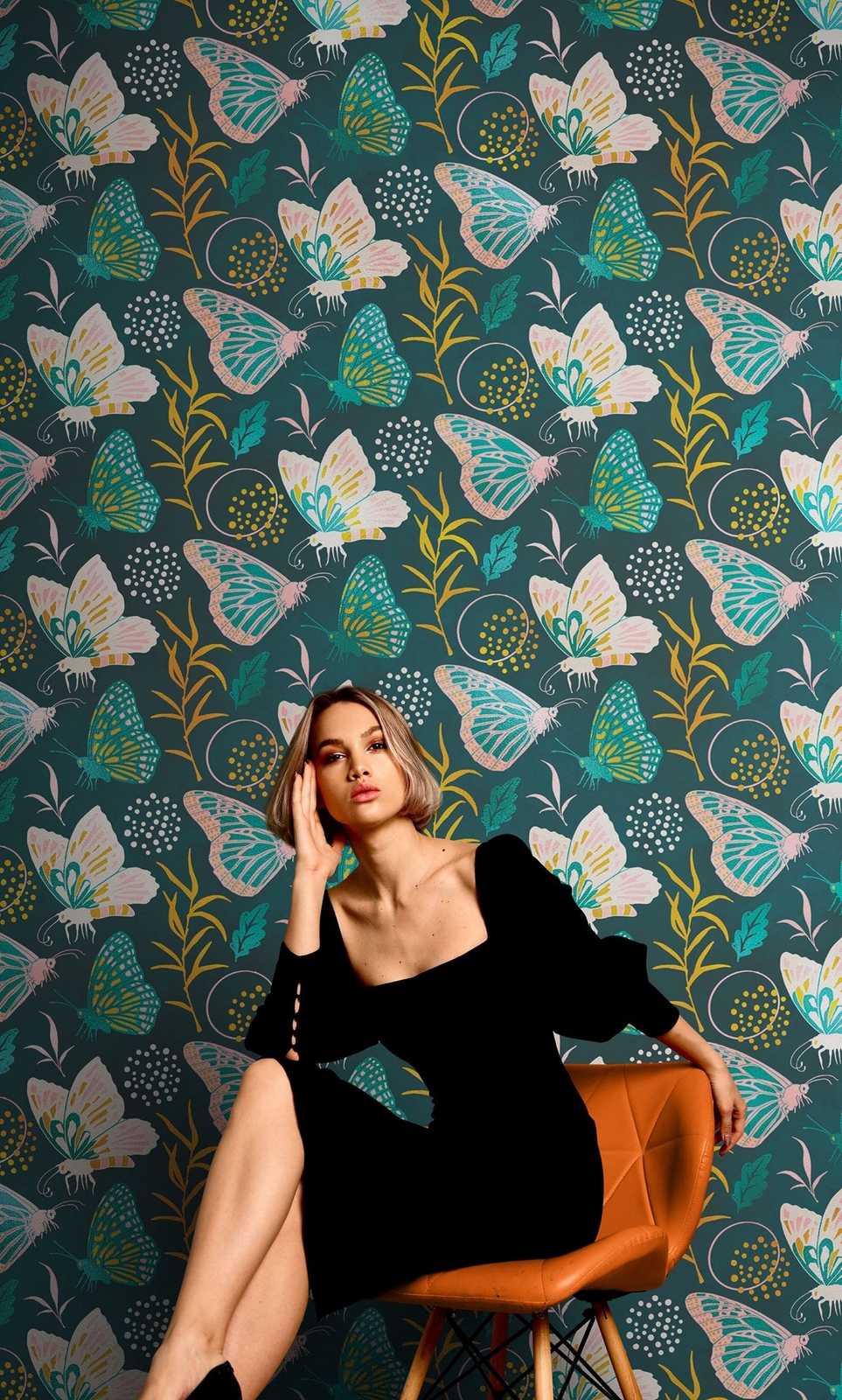 Butterfly Pattern Wall Mural. Retro Green and Gold Color Illustration Design. Be
