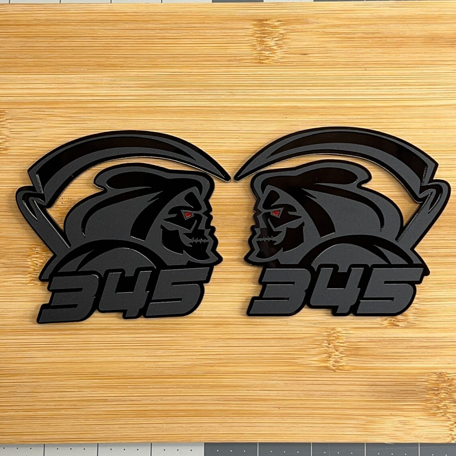Red Eye Reaper 345 Car Truck Emblem Badge Matte Black on Black Custom Pack of 2