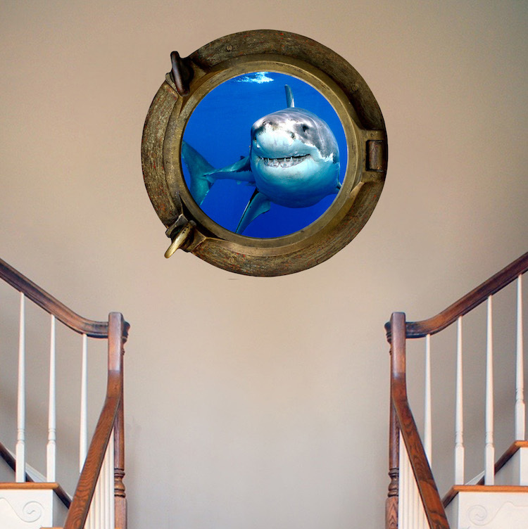 Shark Porthole Wall Decal Mural Ocean Creatures Vinyl Great White Sea Fish, a03