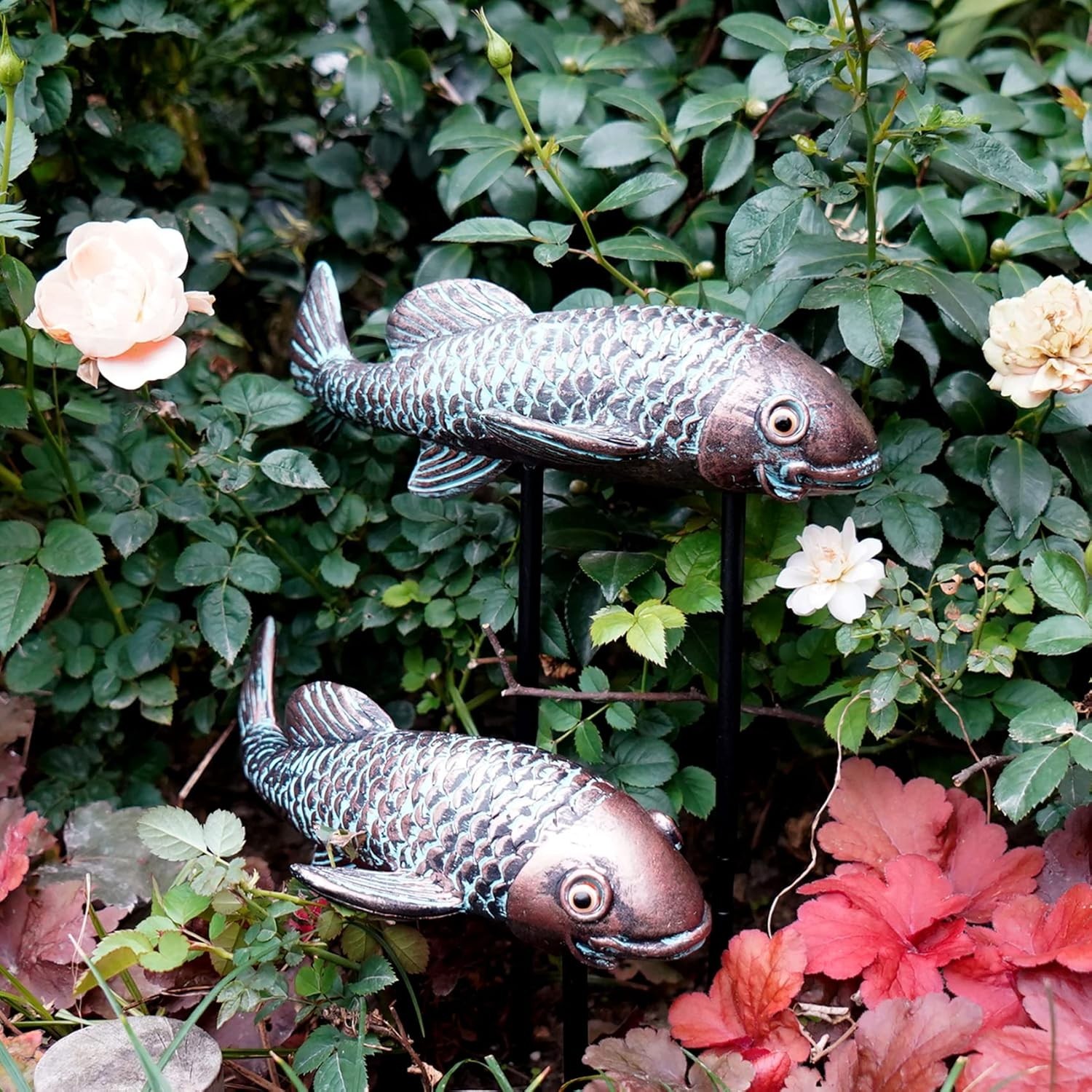 Garden Sculptures & Statues,Koi Fish Decor,Garden Fish Art,Set of 2 Antique