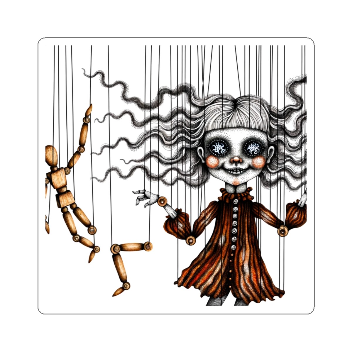Sticker Haunted Marionette Vintage Style Ink Art 2×2 3×3 4×4 6×6