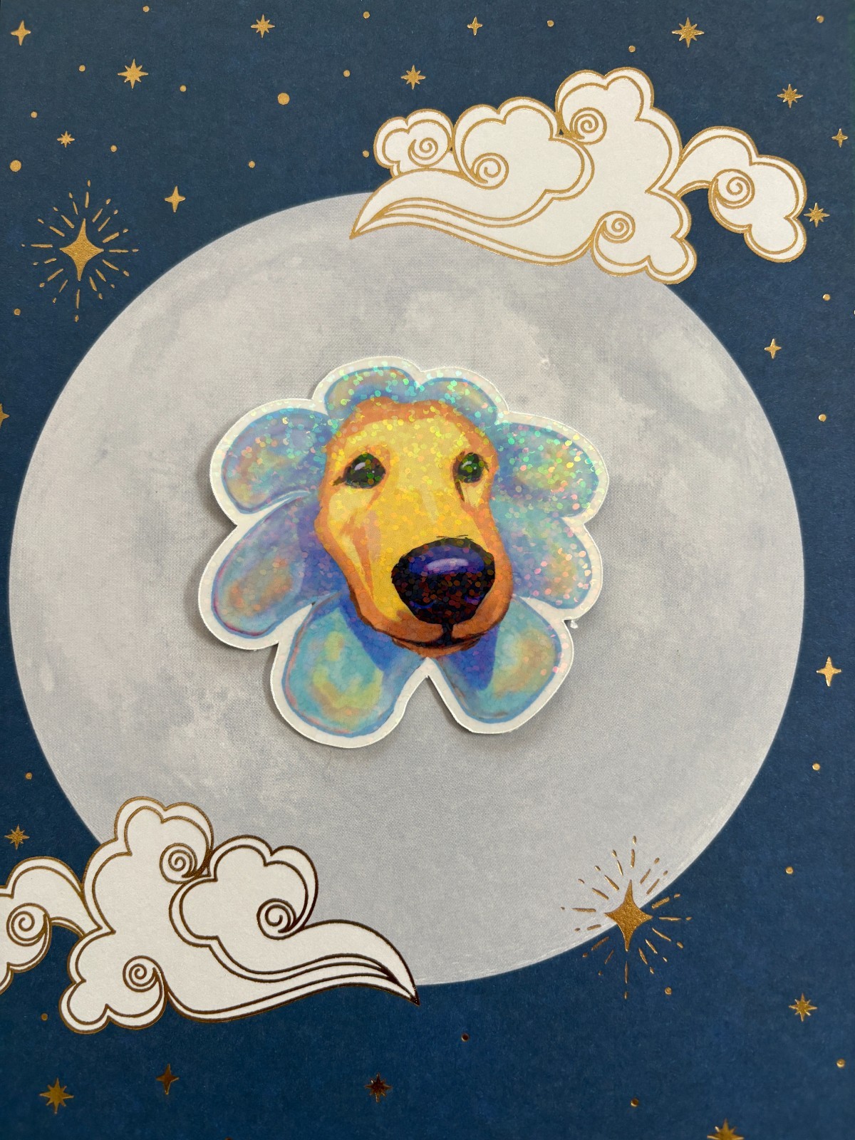Flower Golden Retriever Pup Holographic Die cut Vinyl Sticker by KayshaLacyArt