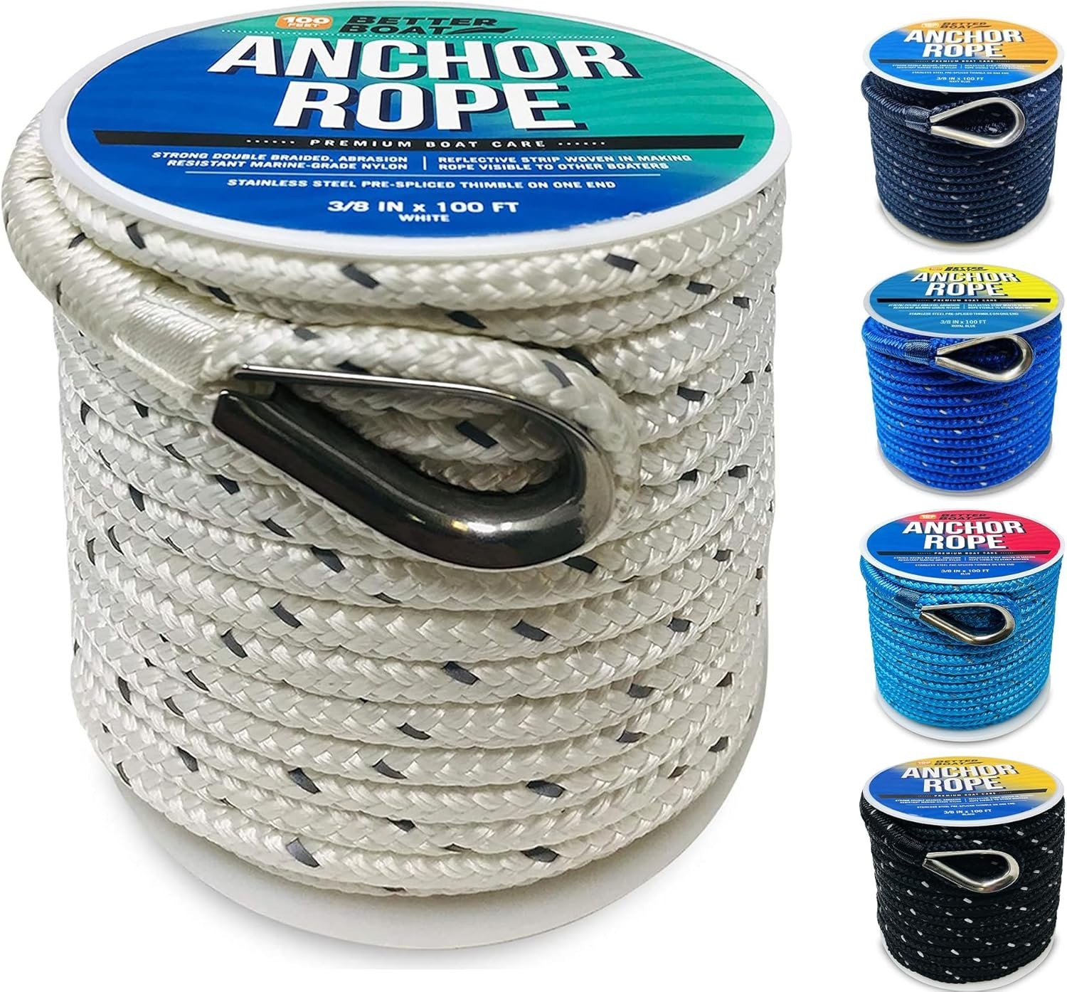 Premium Boat Anchor Rope, 100 Ft Double Braided Blue Nylon Marine Line, 3/8 Inch