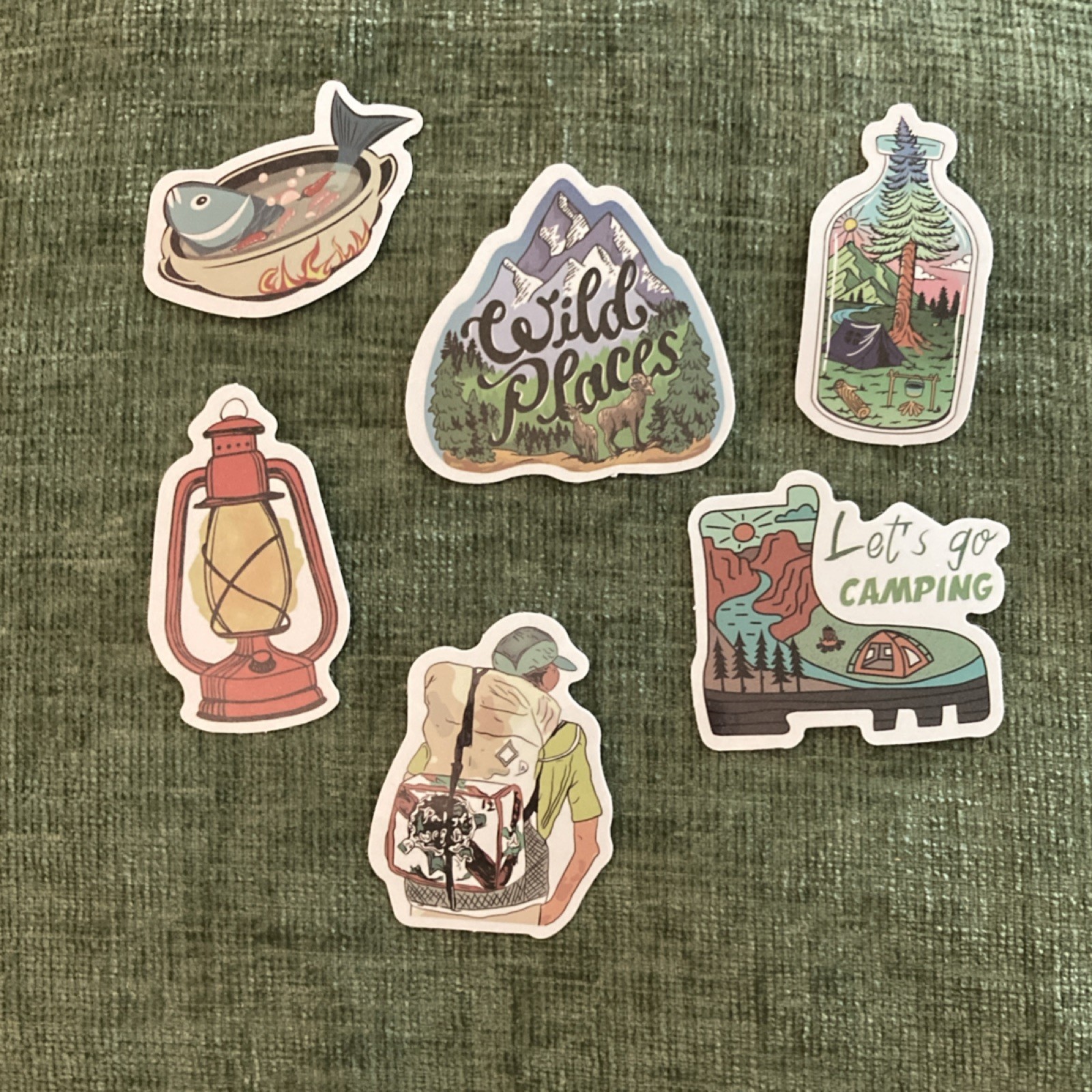 6 Multicolor Vinyl Stickers Set, Camping Adventure Nature Theme, Water Resistant