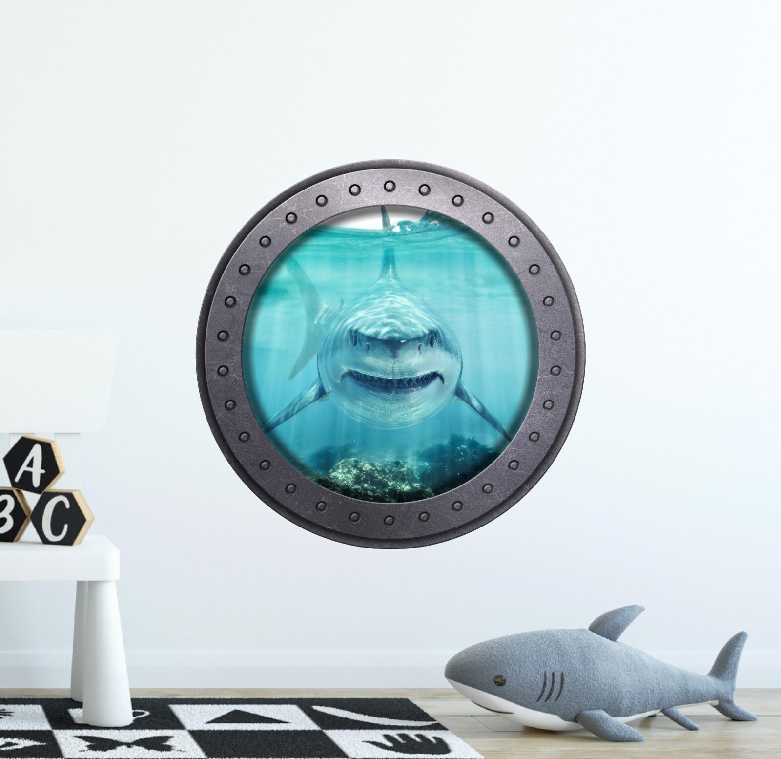 Great White Shark Shallow Water Ocean Porthole Wall Sticker 3D Window Wall Decal