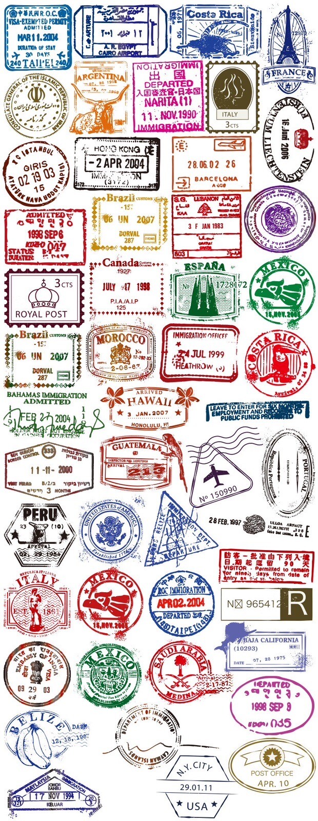 10 Random Retro Customs Stamp Stickers World Travel Tourist Decals Free Shipping