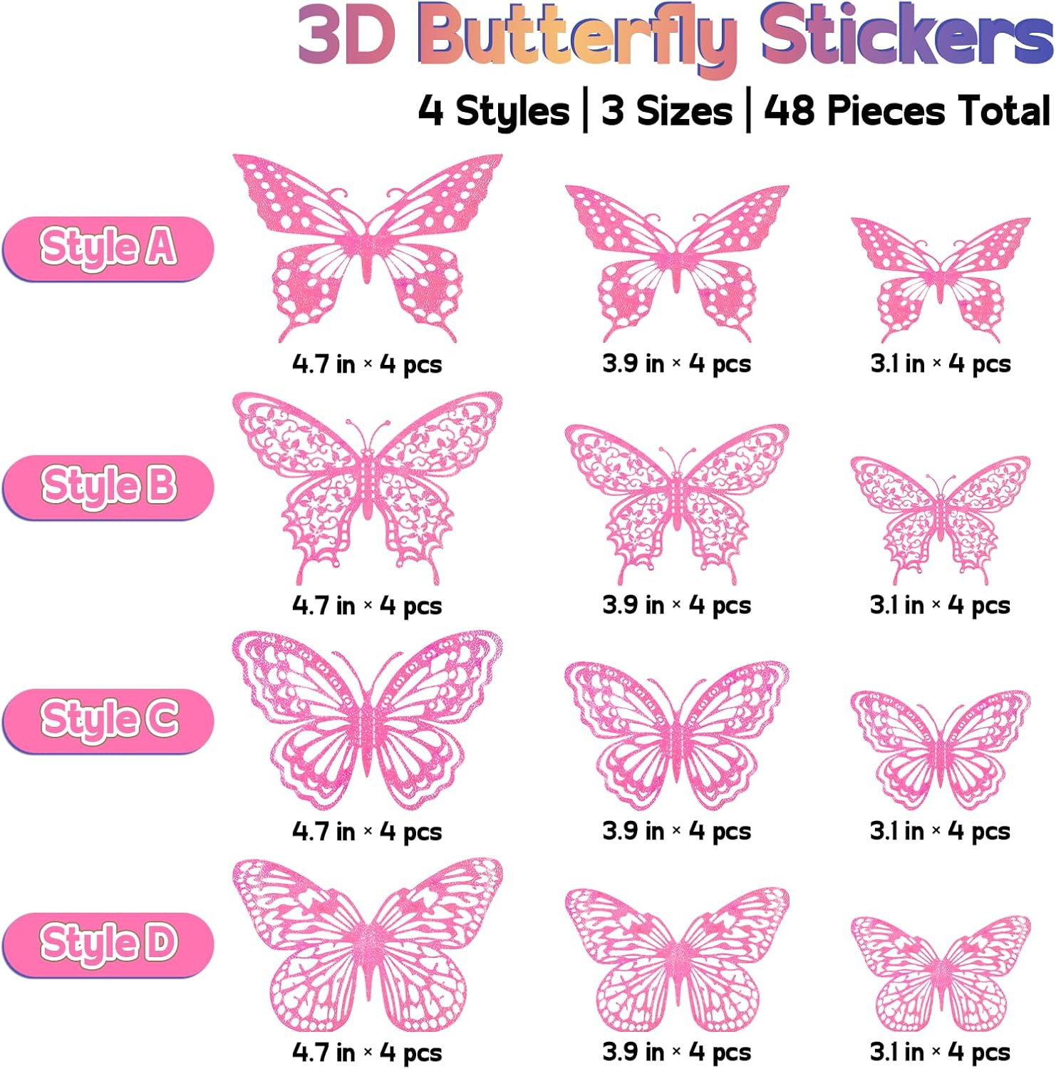 Butterfly Wall Decor, 48Pcs 3D Butterfly Stickers in 3 Sizes & 4 Styles for Ball