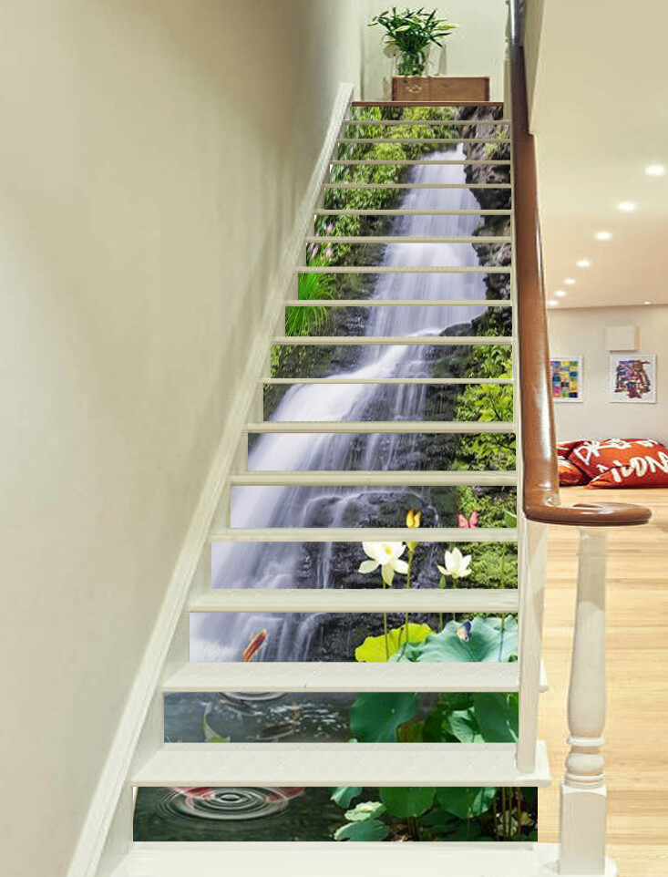 3D Waterfall Lotus AZ346 Stair Risers Decoration Mural Vinyl Wallpaper Kay