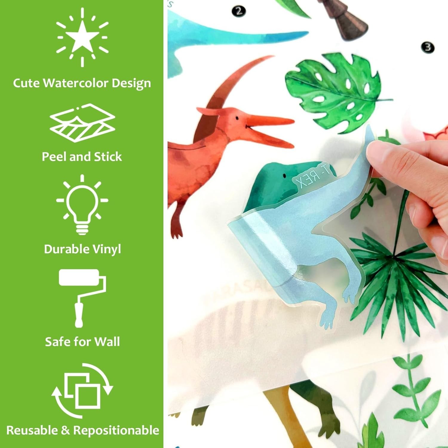 Reusable Watercolor Dinosaur Decals for Kids' Bedrooms, Nurseries & Classrooms