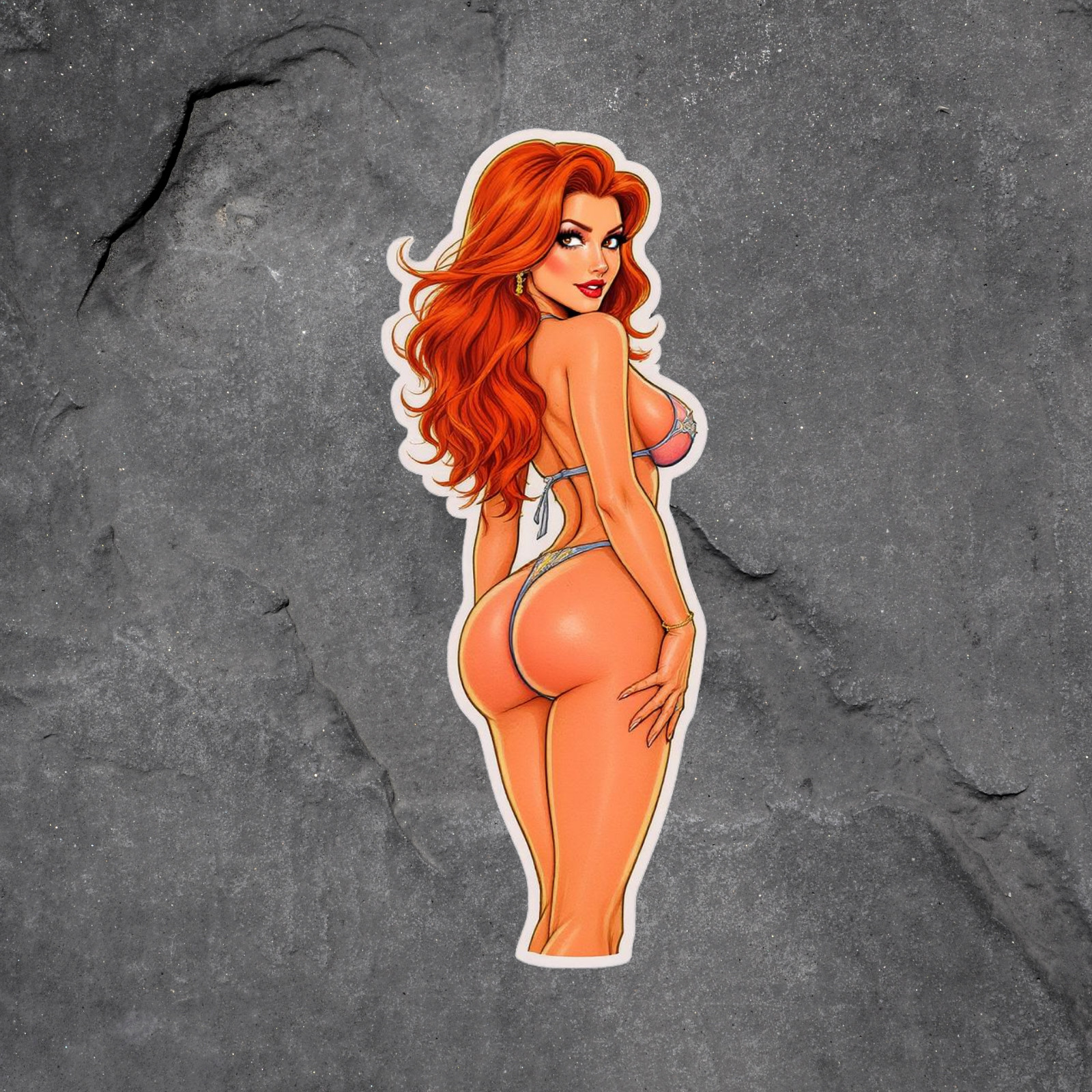 Pinup Girl Sticker Vinyl Decal Red Hair Bikini Back Pose Flirty Curvy