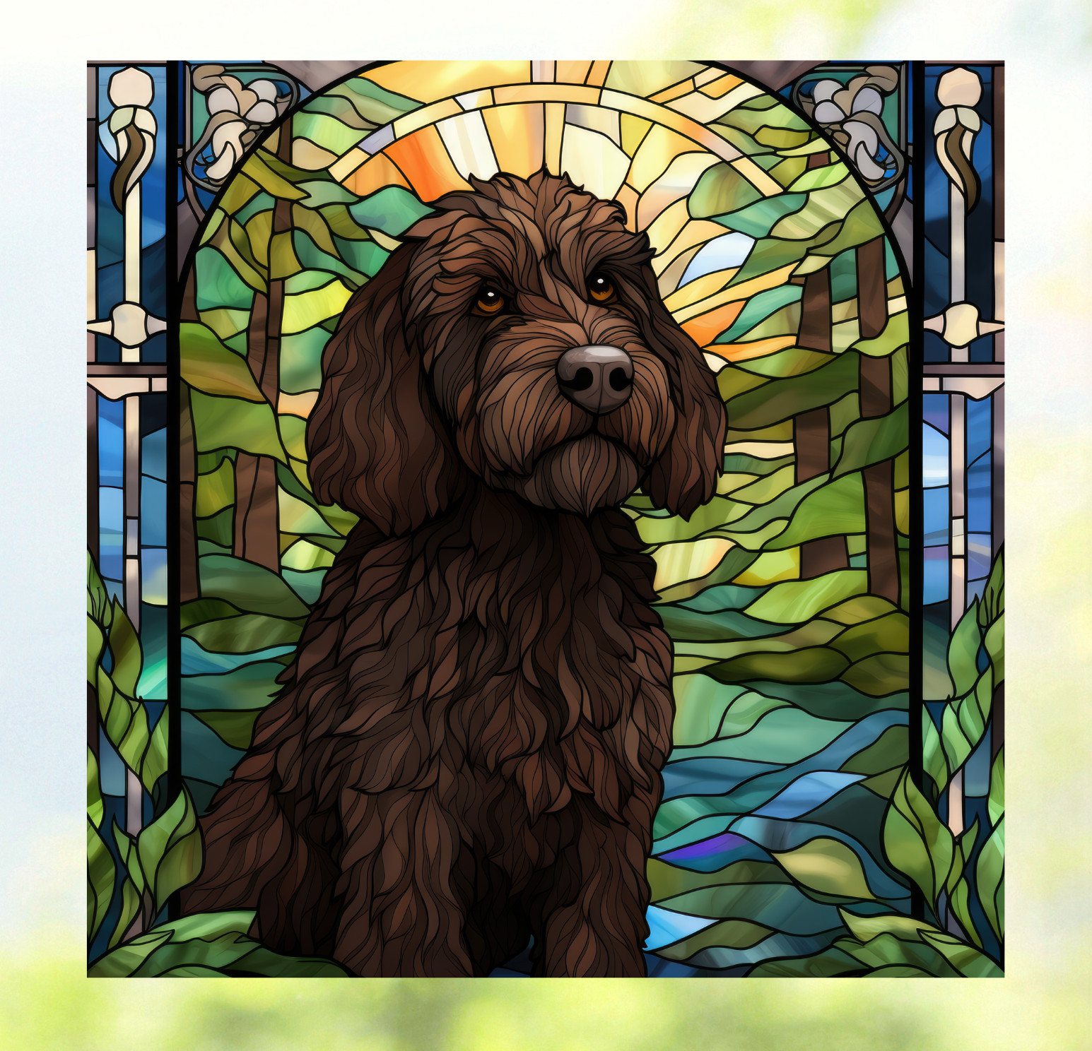 Labradoodle Dog Faux Stained-Glass WINDOW CLING Size 9.2" Repositionable Vinyl
