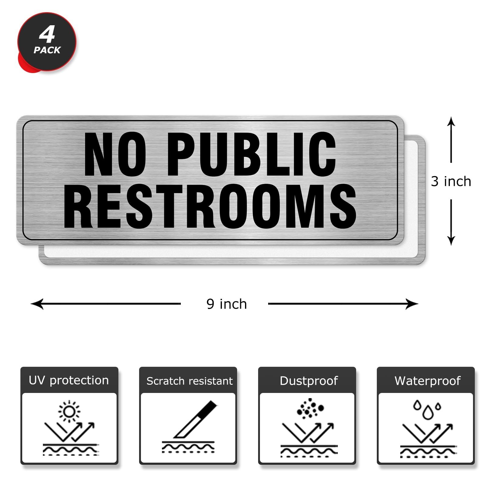 No Public Restrooms Sign Aluminum Silver 9 x 3 Inches Self-Adhesive Waterproo…