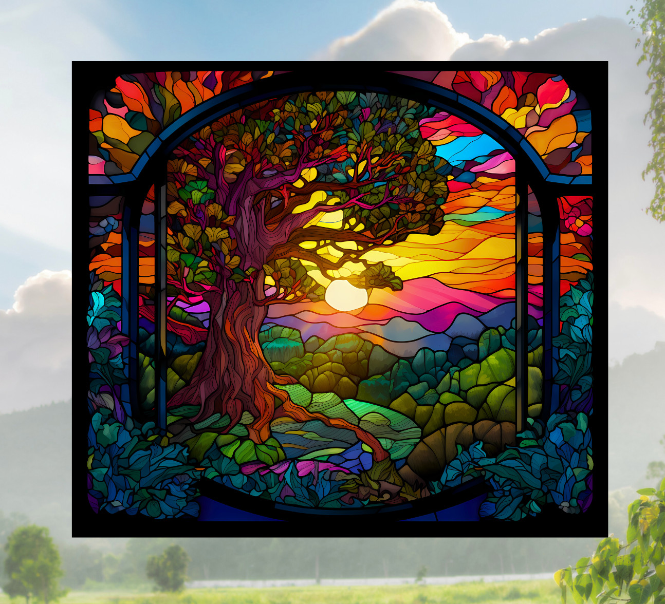 Tree at Sunset Faux Stained-Glass WINDOW CLING Size 9" Repositionable Vinyl