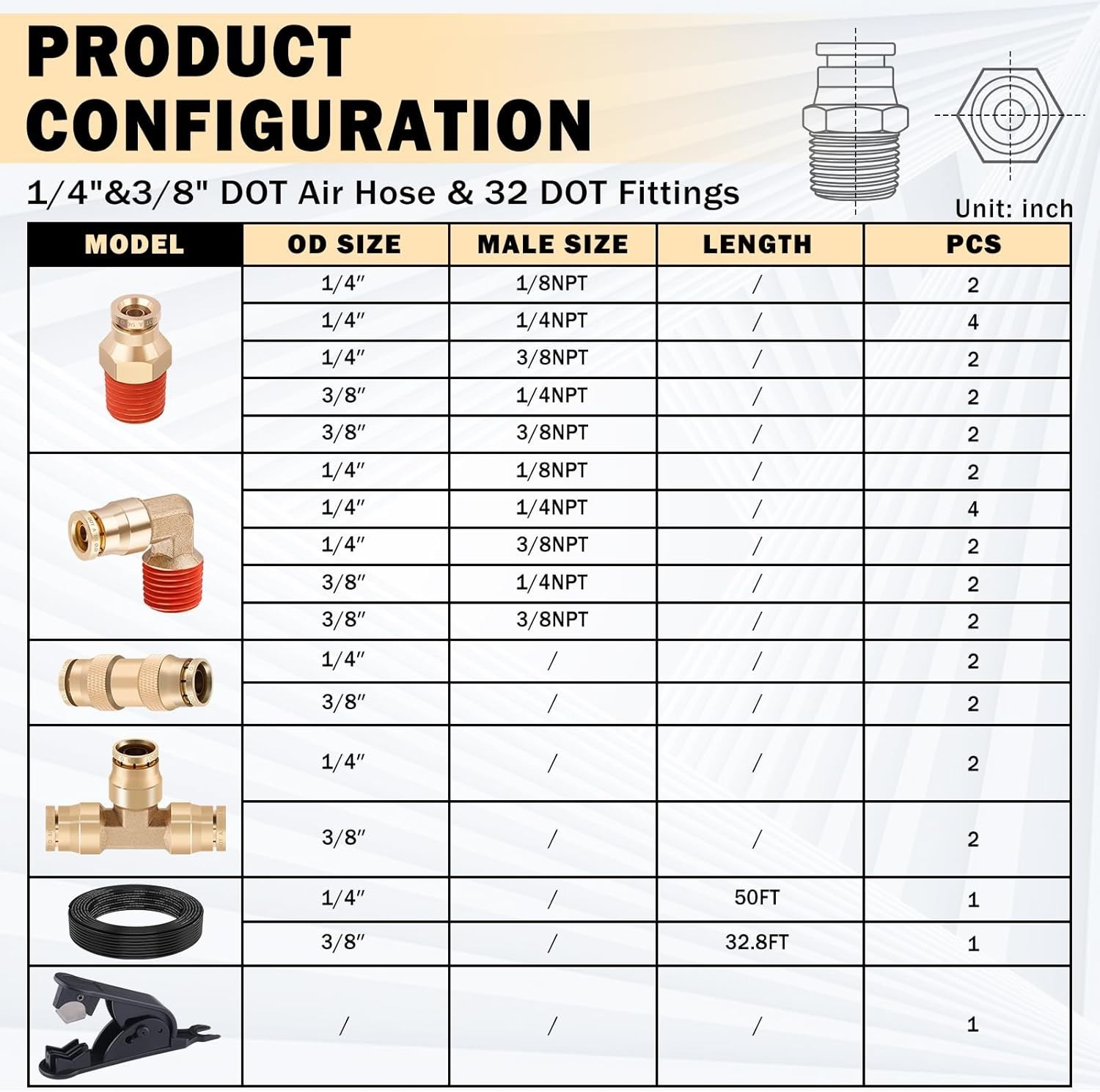 32 Pcs Brass DOT Air Line Fittings with 50 FT 1/4" and 32.8 FT 3/8" DOT Air Line