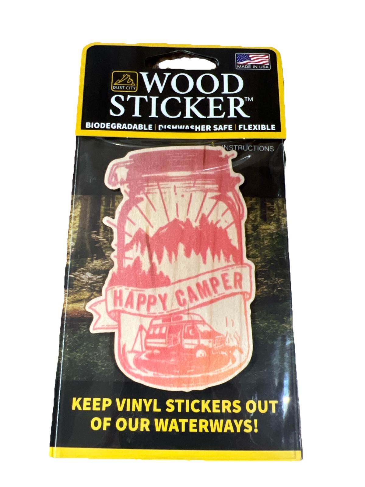 Happy Camper Mason Jar WOOD Sticker Dishwasher SAFE Biodegradable Dust City NEW