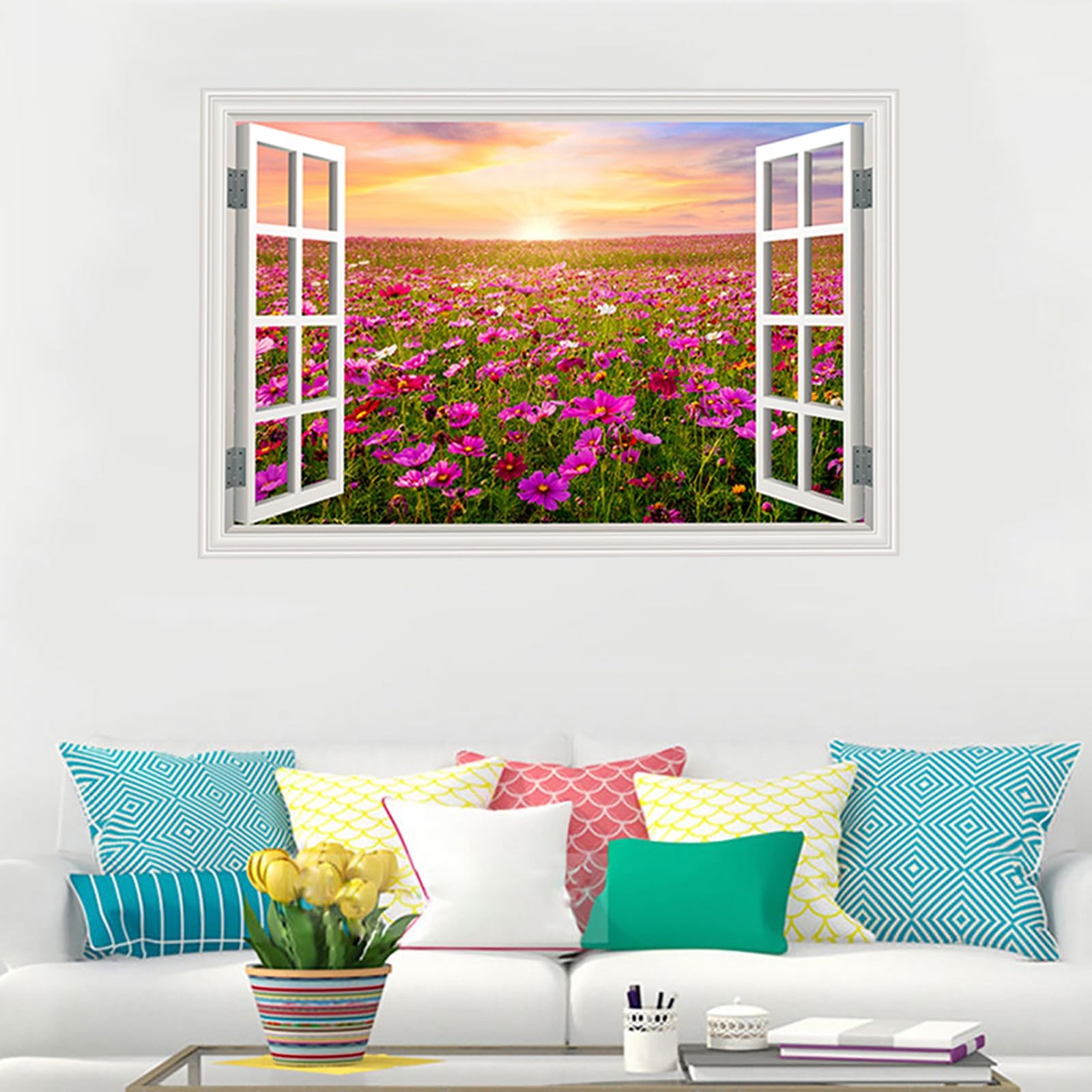 Fake Window Wall Sticker Sunset Pink Flower Garden Poster Picture Open Office…