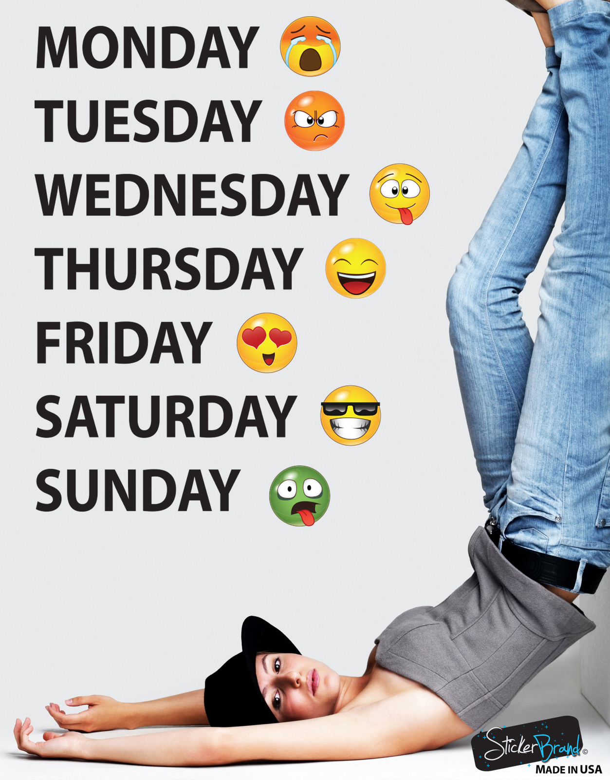 Days of the Week Emoticon Calendar Wall Decal Sticker #6071 Monday thru Sunday