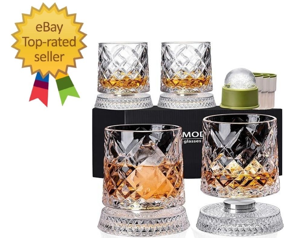 Spinning Whiskey Glasses Set of 4 with Iceball Molds, 9.5Oz Lead-Free Rotatable