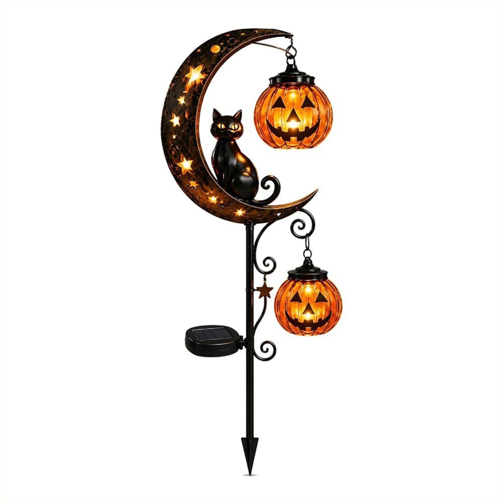 Solar Black Cat & Pumpkin Moon Stake Lights for Halloween Garden Decor