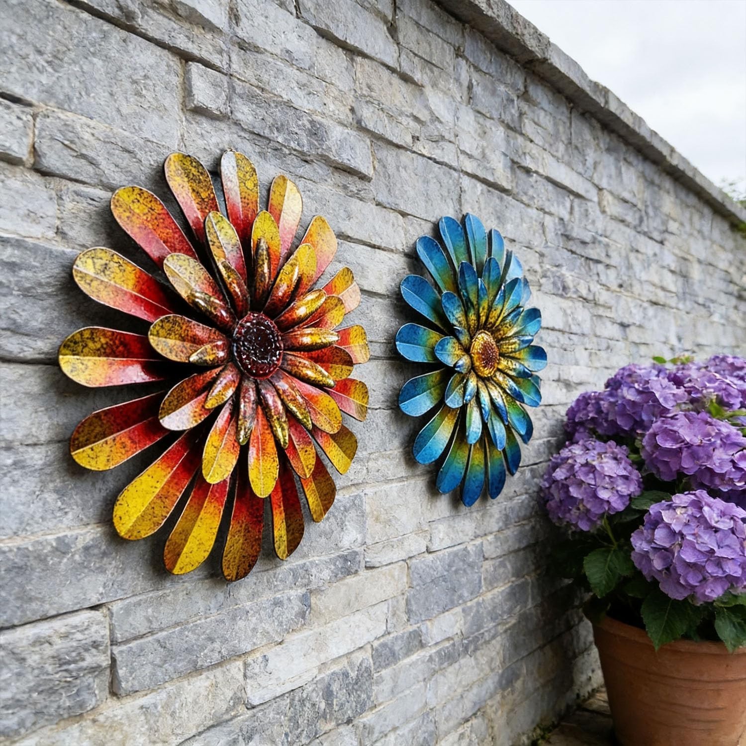 Elegant 2 Pack 12-Inch Hand-Painted Metal Flower Wall Art – Indoor & Outdoor