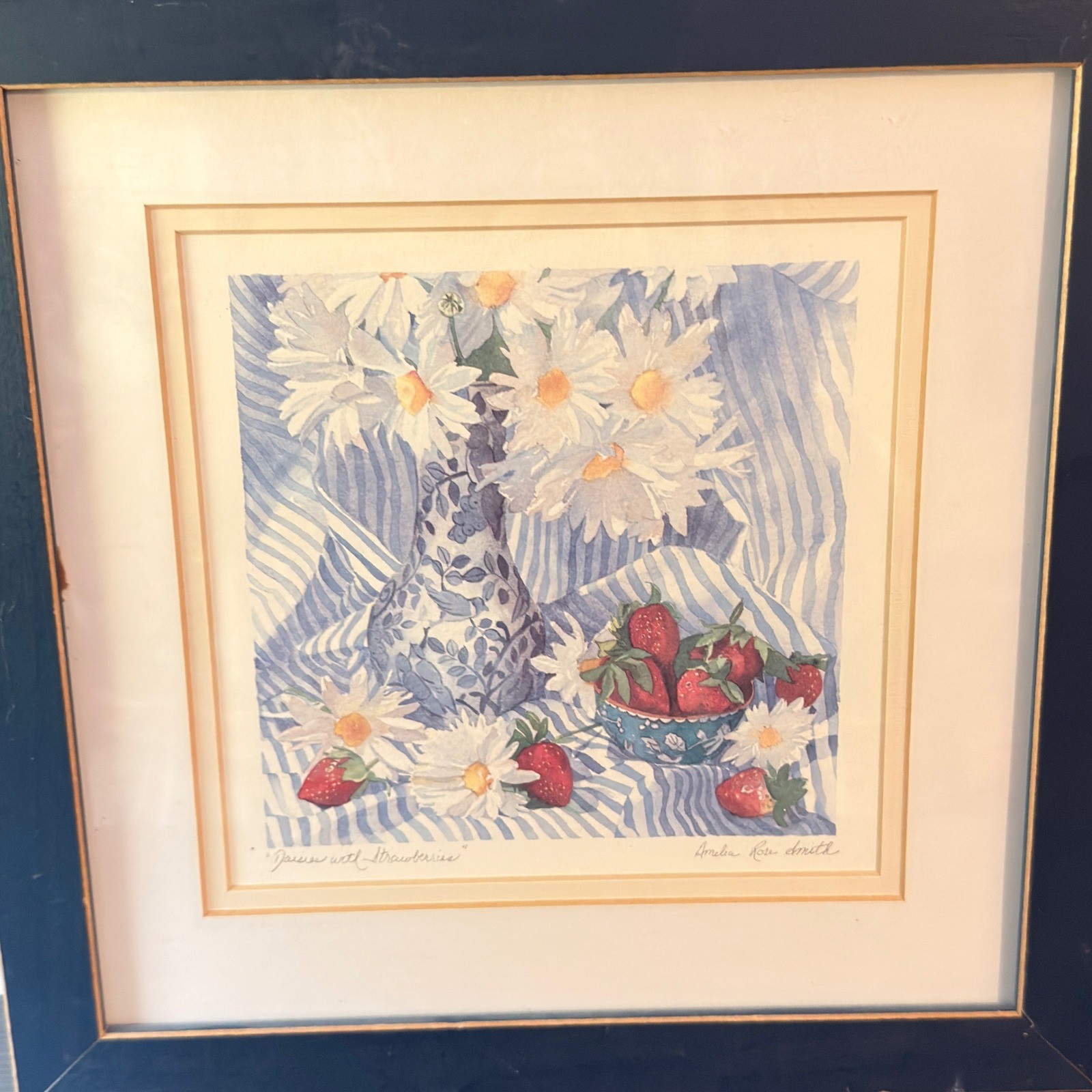 Amelia Rose Smith Daisies with Strawberries Framed Floral Print 14" Cottagecore