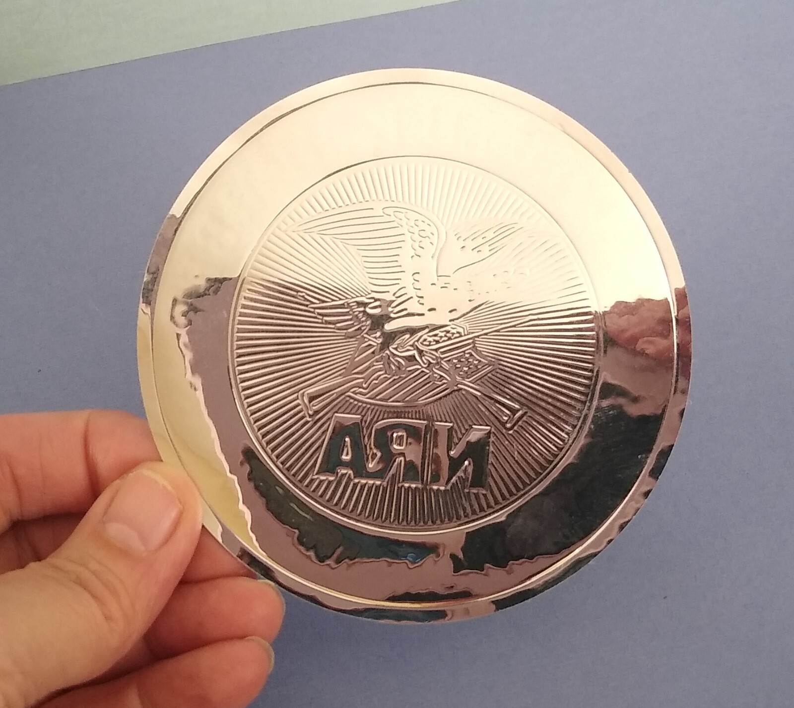 Rare NRA Solid Silver Decal Sticker, Round 3.5" Embossed Metallic