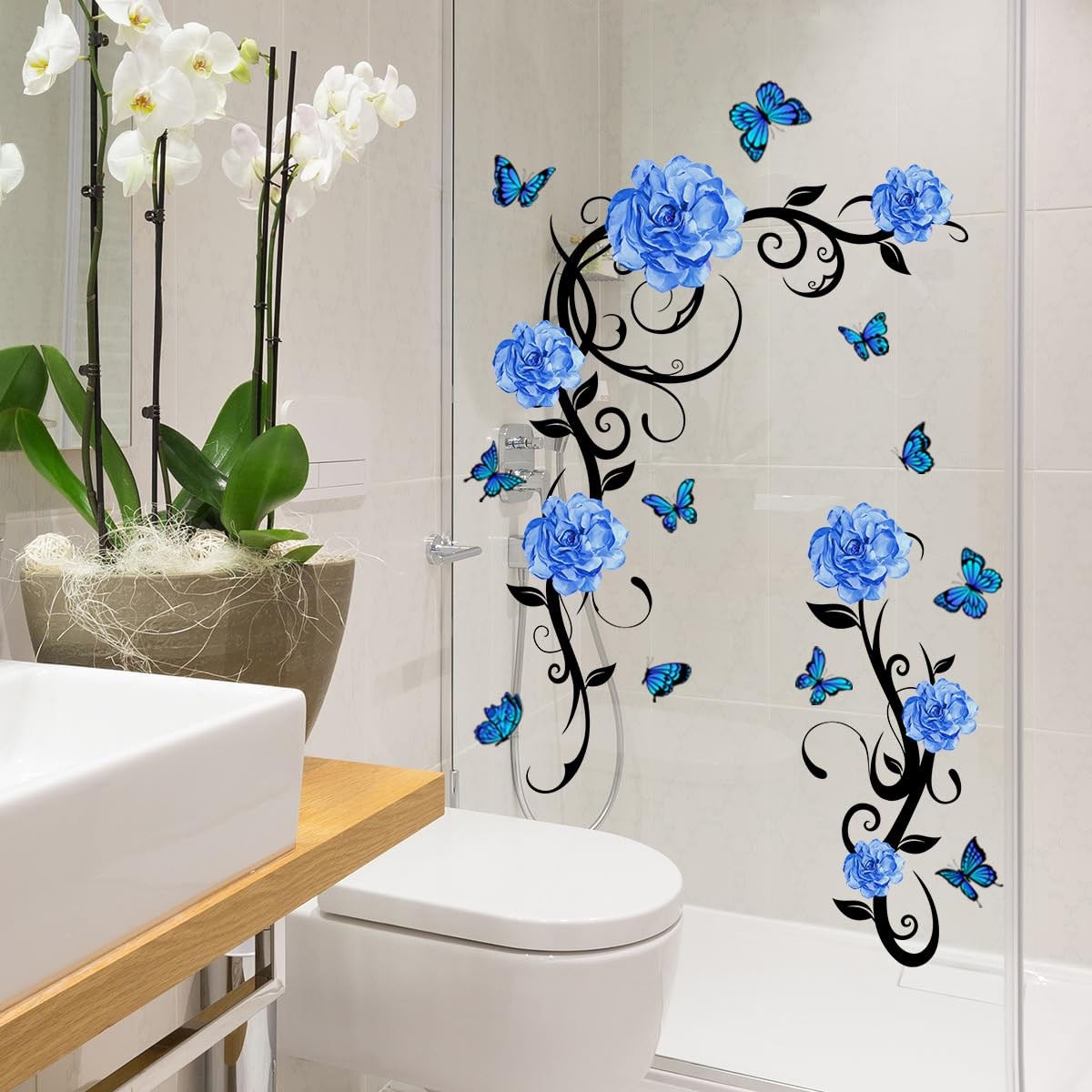 Blue Flower Vine Butterfly Wall Decals Removable Vinyl Peel and Stick Wall St…