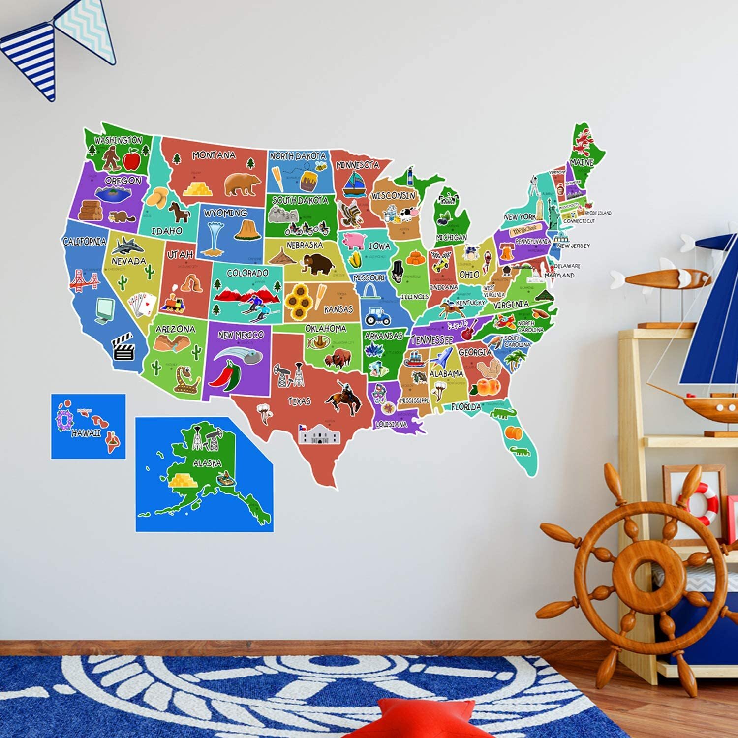 US Map Wall Decal United States of America Sticker Peel and Stick Kids Decor VWA