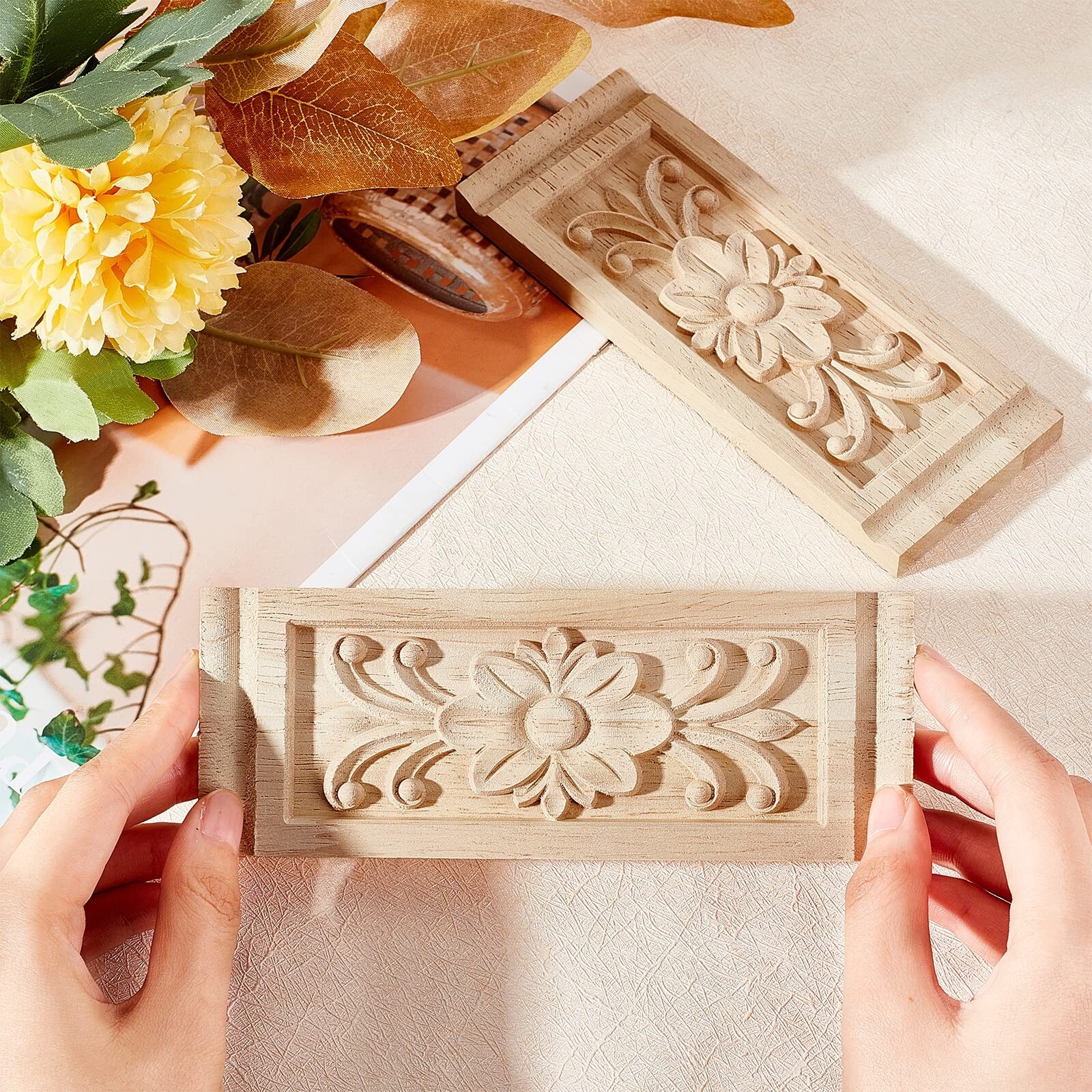 SUPERFINDINGS 2PCS Rectangle with Flower Wood Carving Decal 6.3×2.4inch Unpai…
