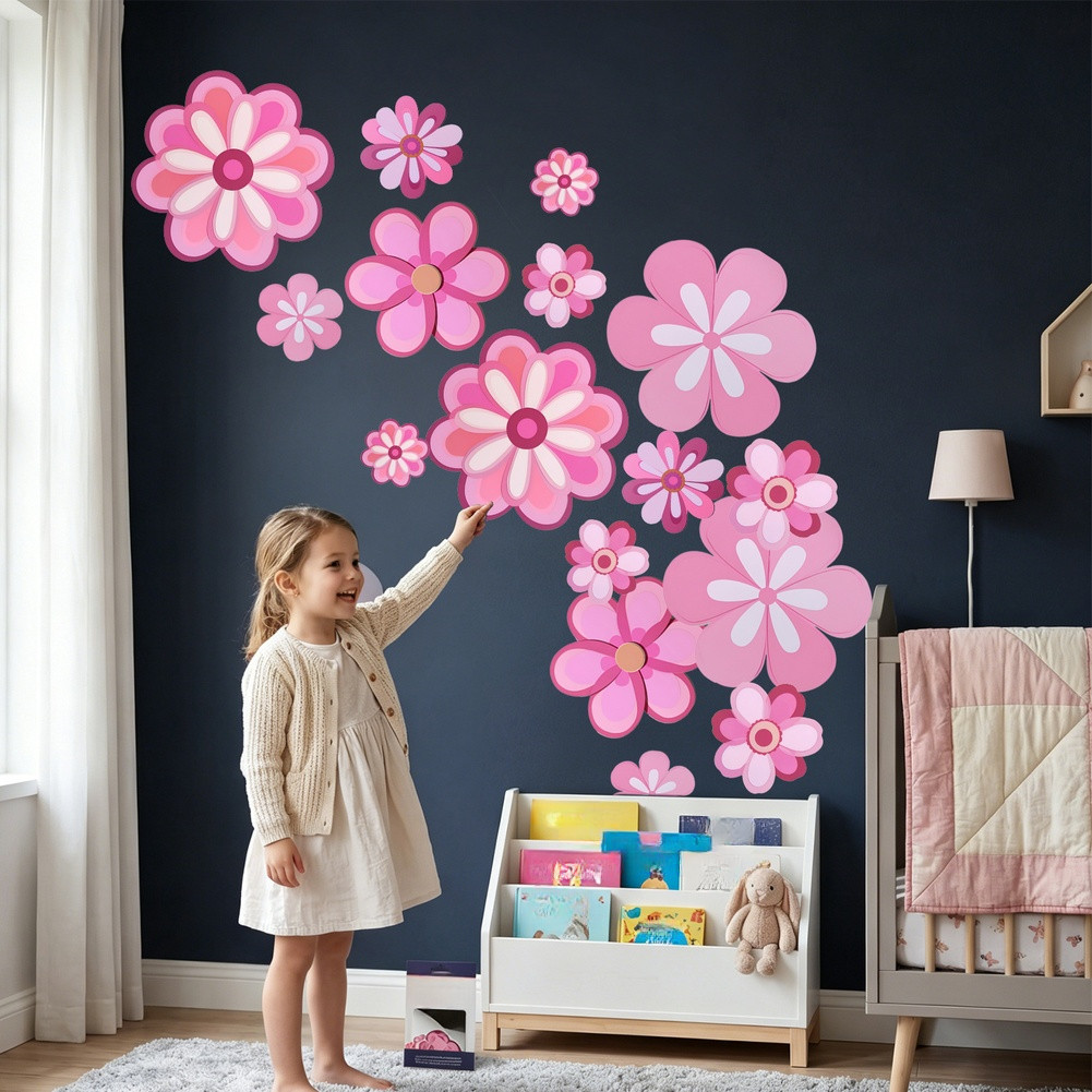 Pink Flower Wall Stickers 16pcs Waterproof Vinyl Decals for Nursery Bedroom