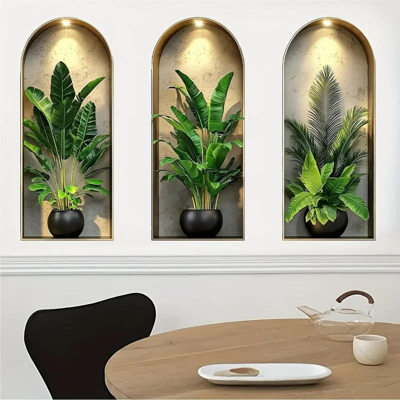 3D Watercolor Plant Wall Stickers – Realistic Potted Plants Decor, Self-Adhesive