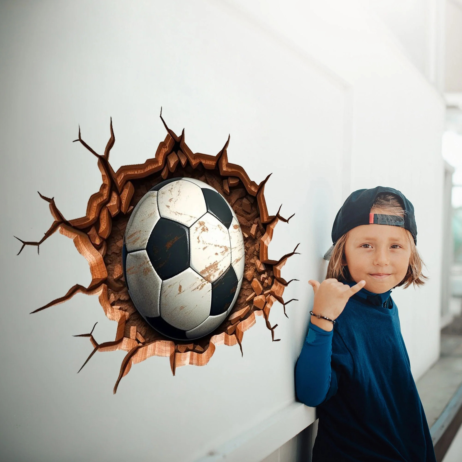 3D Football Wall Decal – Boys Room Breakthrough Sticker – Sporty Soccer Art –