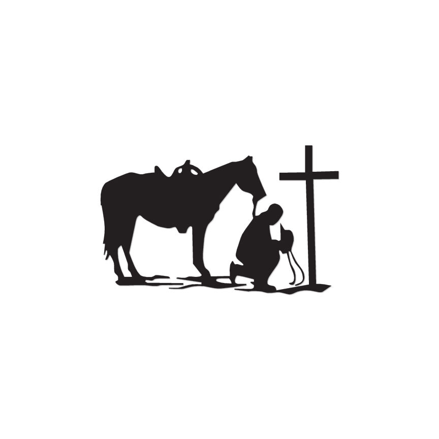 Cowboy Horse Prayer Cross – Decal Sticker – Multiple Colors & Sizes – ebn2322