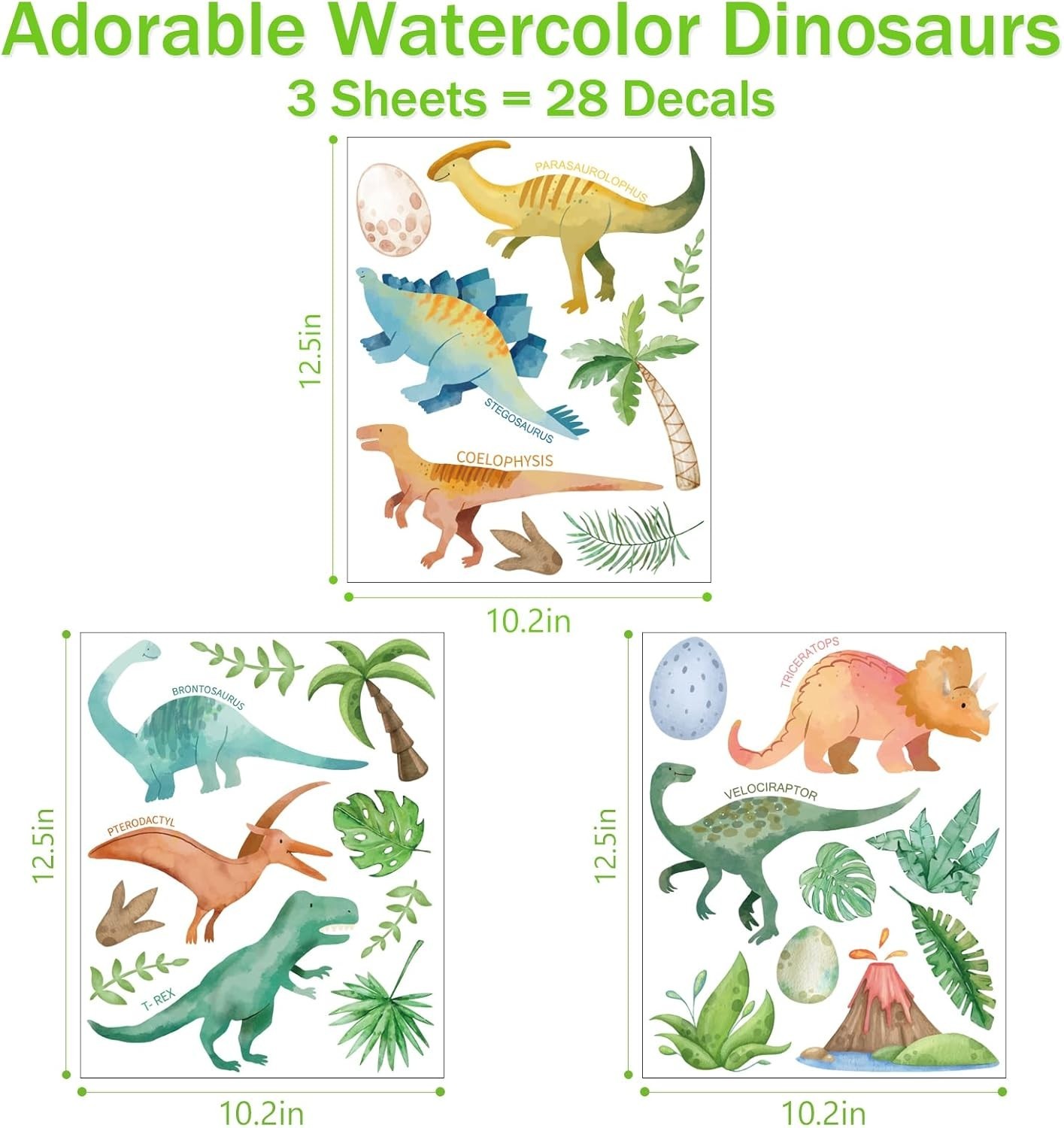Reusable Watercolor Dinosaur Decals for Kids' Bedrooms, Nurseries & Classrooms